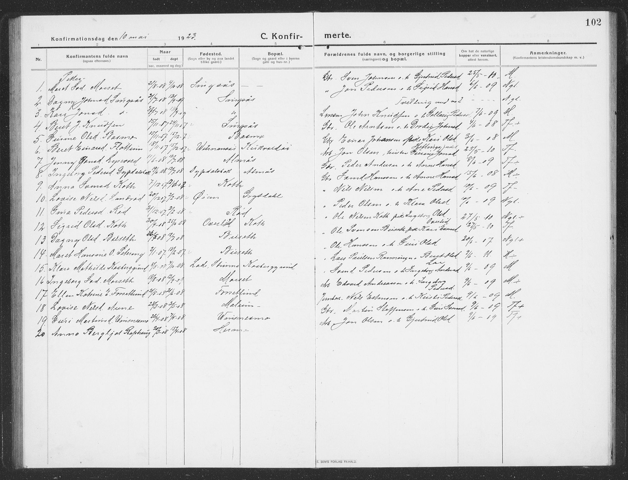 Ministerialprotokoller, klokkerbøker og fødselsregistre - Sør-Trøndelag, SAT/A-1456/688/L1030: Parish register (copy) no. 688C05, 1916-1939, p. 102