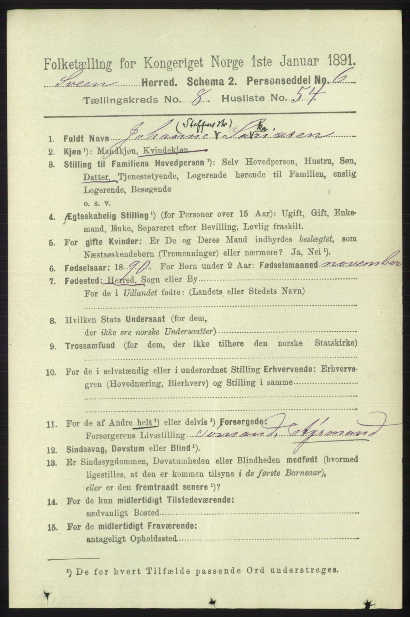 RA, 1891 census for 1216 Sveio, 1891, p. 2643