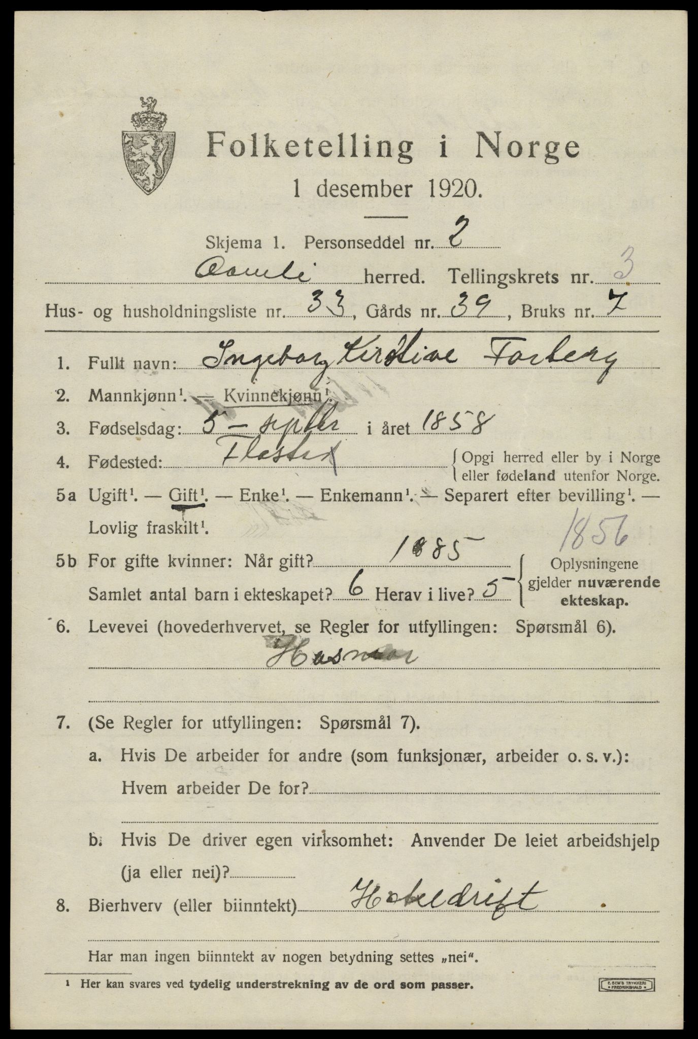 SAK, 1920 census for Åmli, 1920, p. 1585
