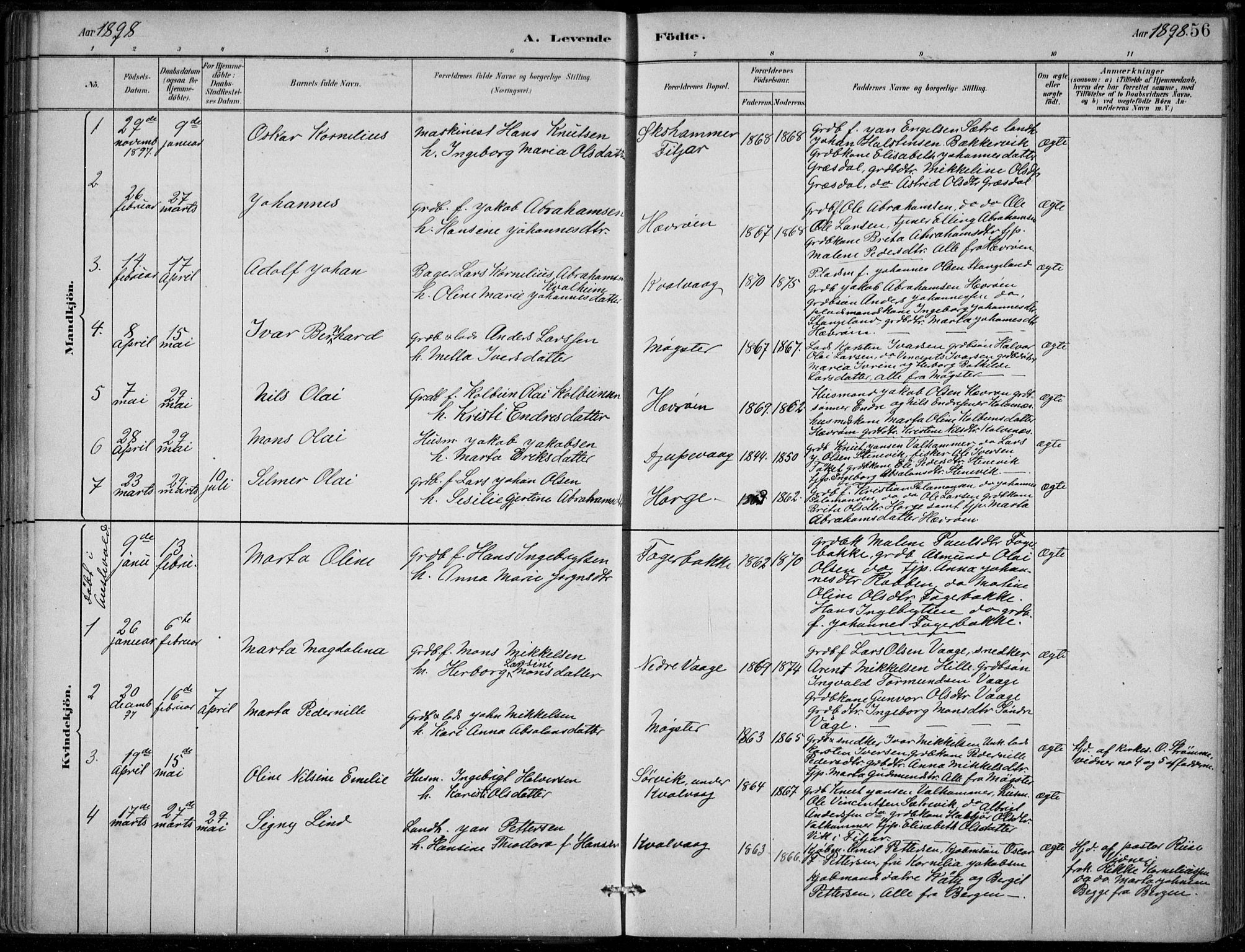 Sund sokneprestembete, AV/SAB-A-99930: Parish register (official) no. D 1, 1882-1899, p. 56