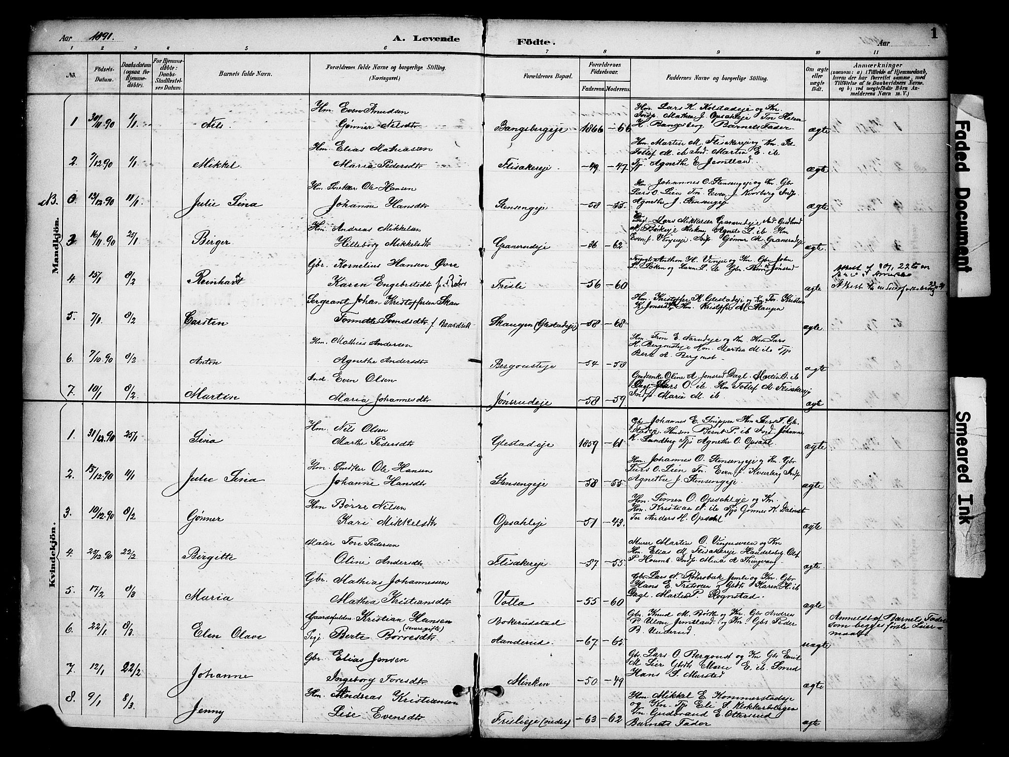 Ringsaker prestekontor, AV/SAH-PREST-014/K/Ka/L0016: Parish register (official) no. 16, 1891-1904, p. 1