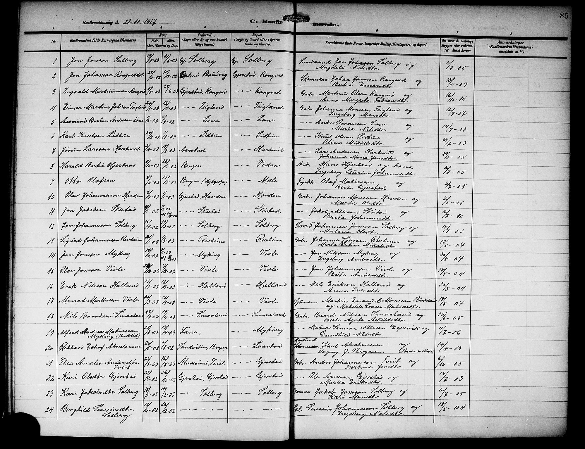 Haus sokneprestembete, SAB/A-75601/H/Hab: Parish register (copy) no. C 4, 1907-1922, p. 85