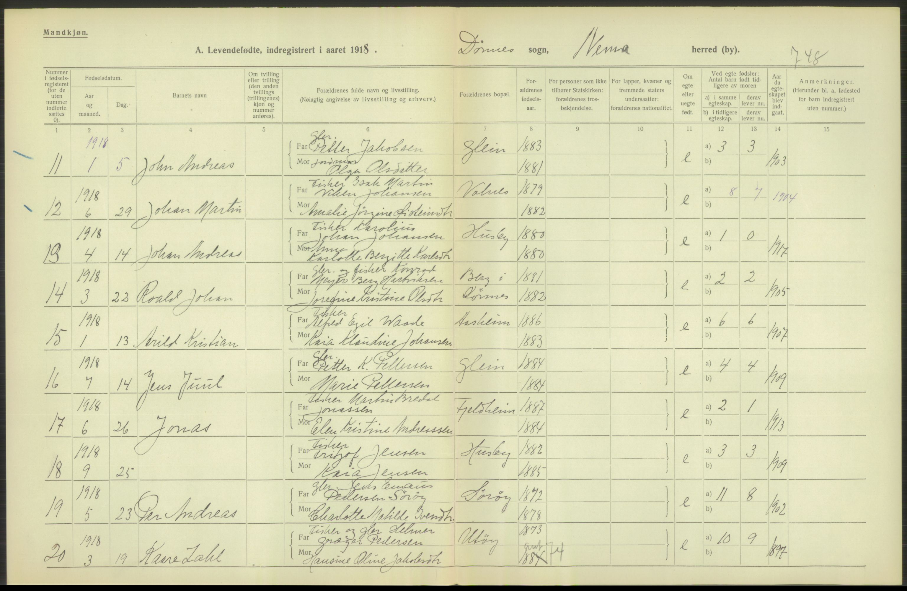 Statistisk sentralbyrå, Sosiodemografiske emner, Befolkning, AV/RA-S-2228/D/Df/Dfb/Dfbh/L0052: Nordland fylke: Levendefødte menn og kvinner. Bygder., 1918, p. 110