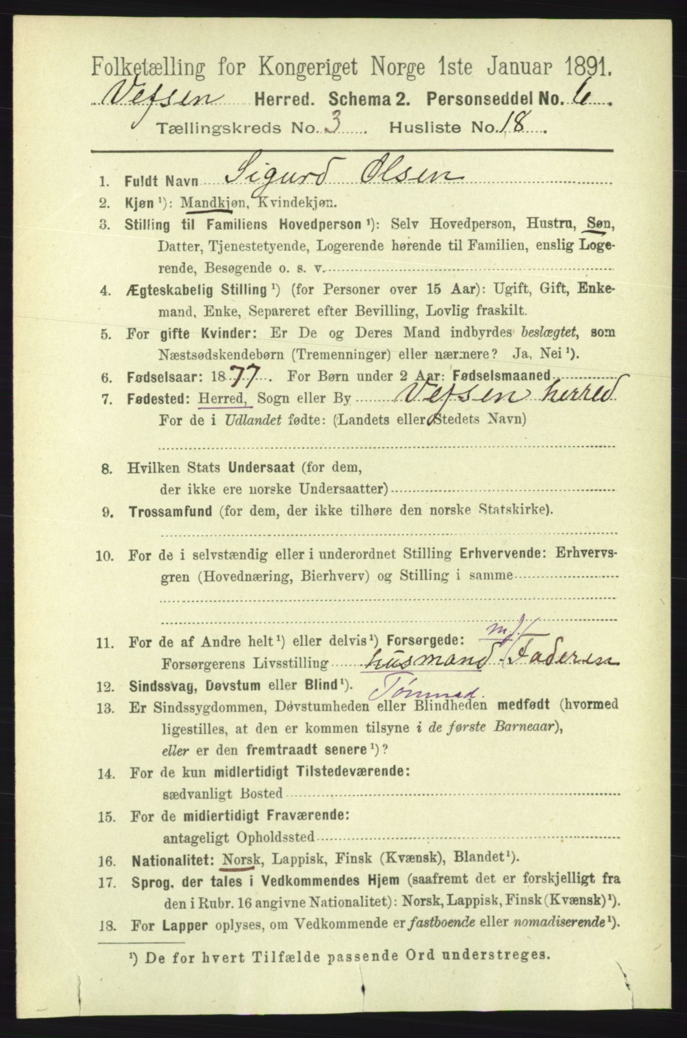 RA, 1891 census for 1824 Vefsn, 1891, p. 1408