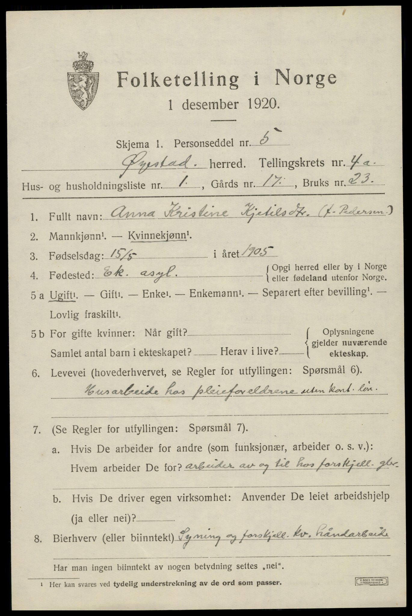 SAK, 1920 census for Øyestad, 1920, p. 3174