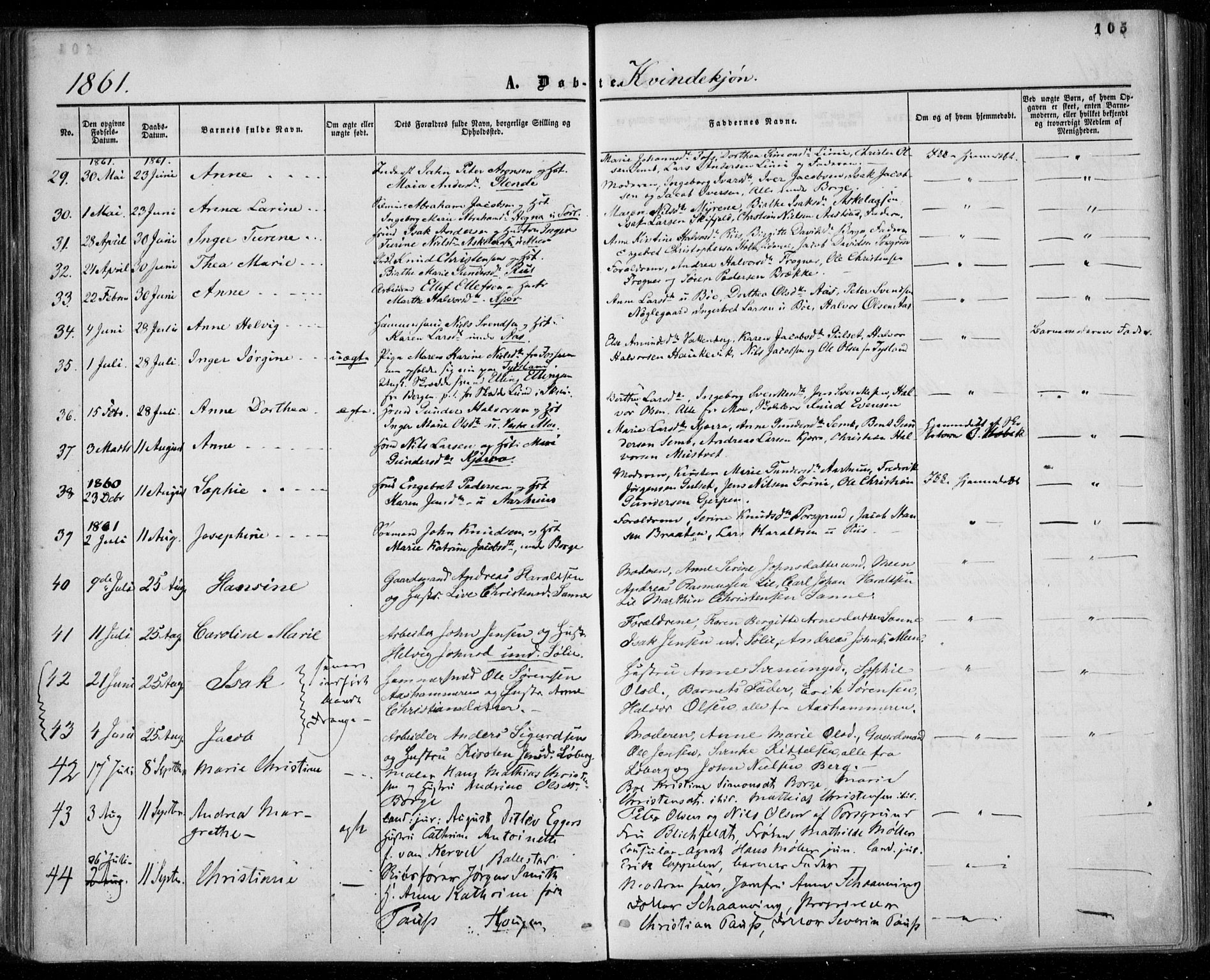 Gjerpen kirkebøker, SAKO/A-265/F/Fa/L0008a: Parish register (official) no. I 8A, 1857-1871, p. 105