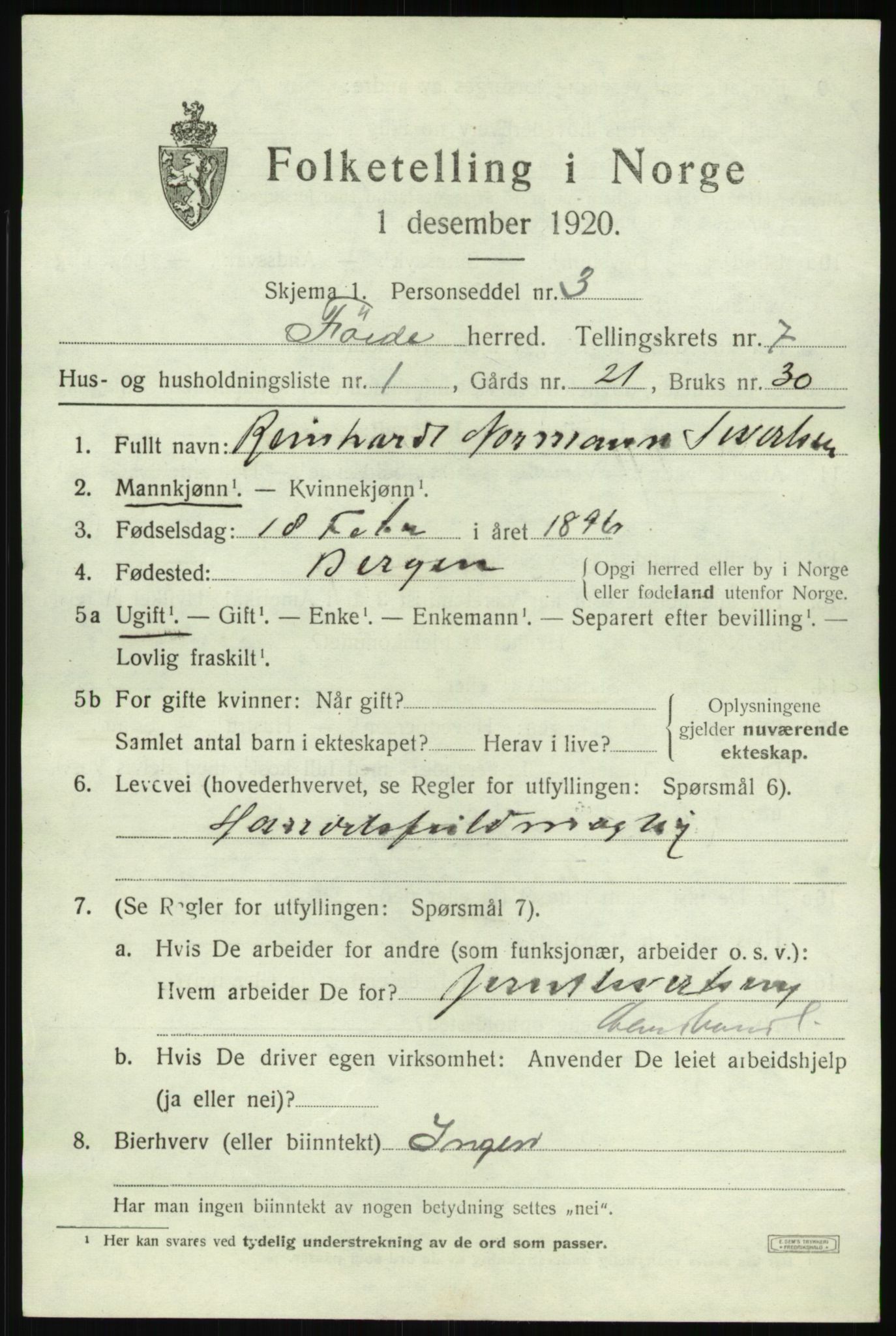 SAB, 1920 census for Førde, 1920, p. 2412