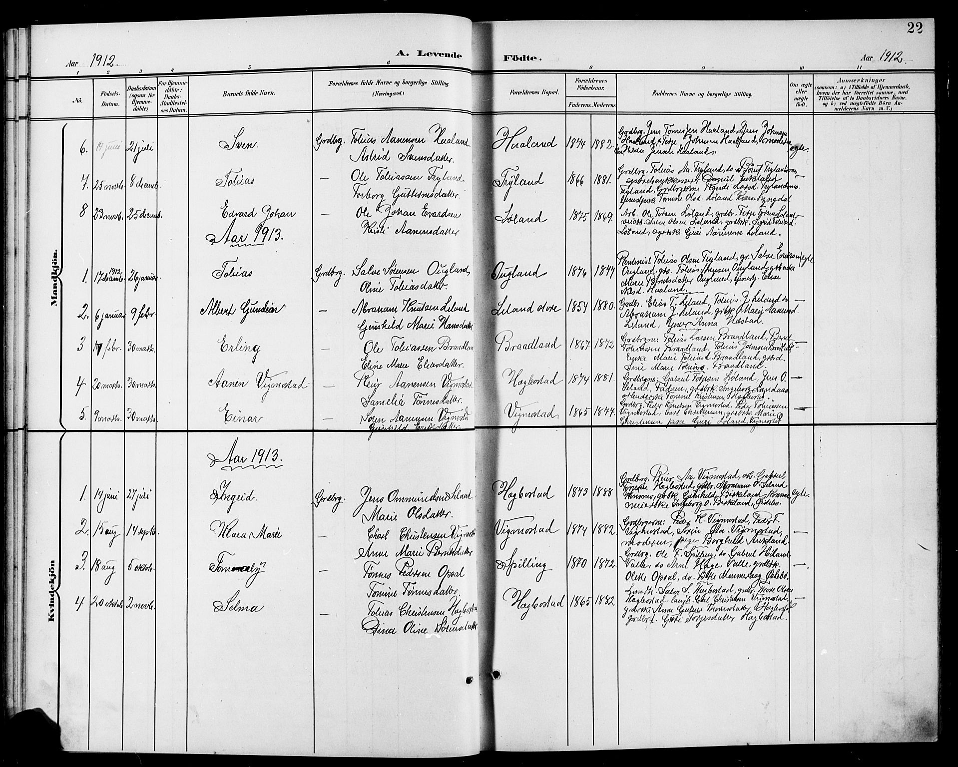 Nord-Audnedal sokneprestkontor, SAK/1111-0032/F/Fb/Fbb/L0004: Parish register (copy) no. B 4, 1901-1917, p. 22