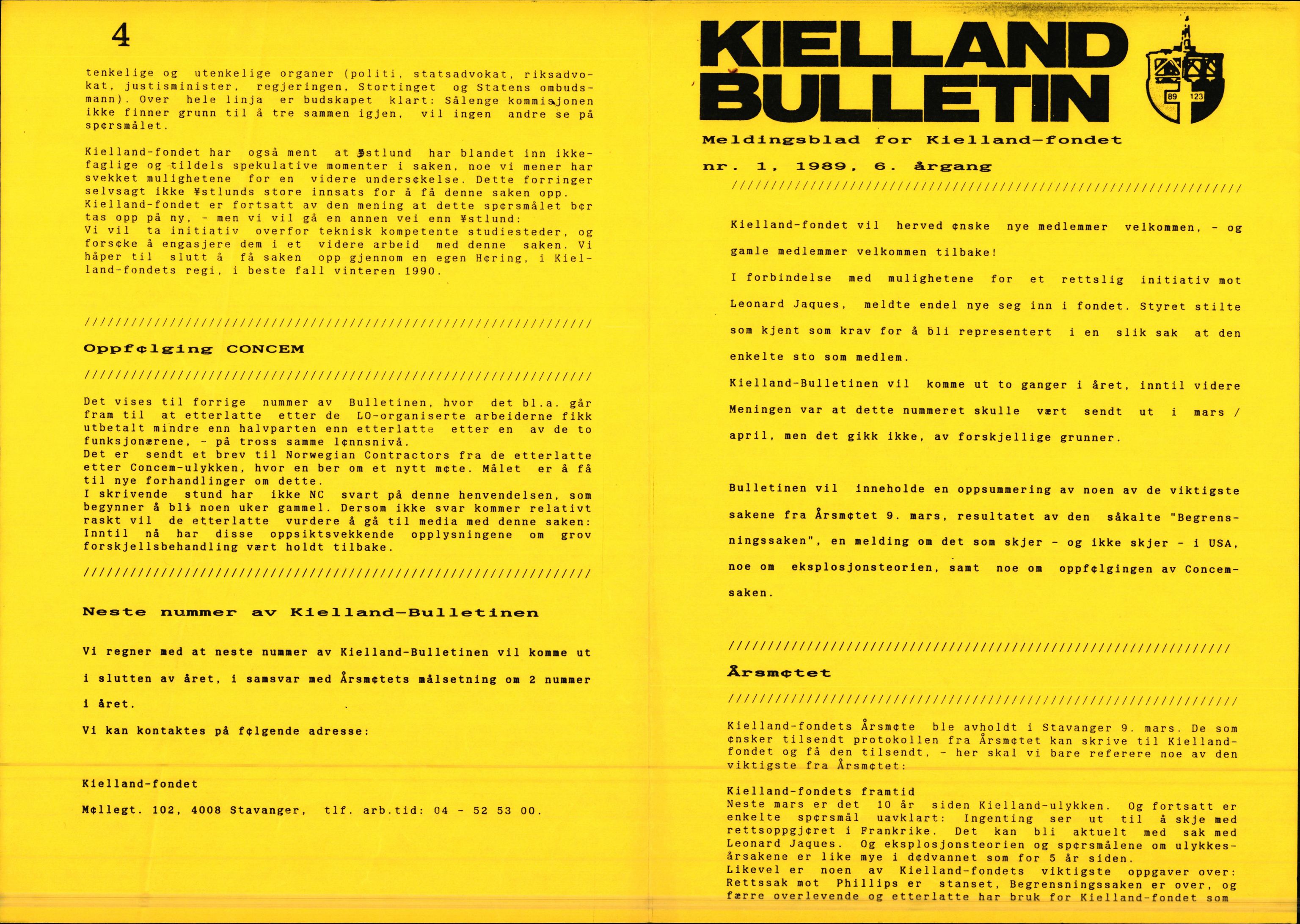 Pa 1660 - Kielland- fondet, AV/SAST-A-102242/X/Xa/L0001: Rapport til overlevende og etterlatte/ Kielland Bulletin, 1980-1998