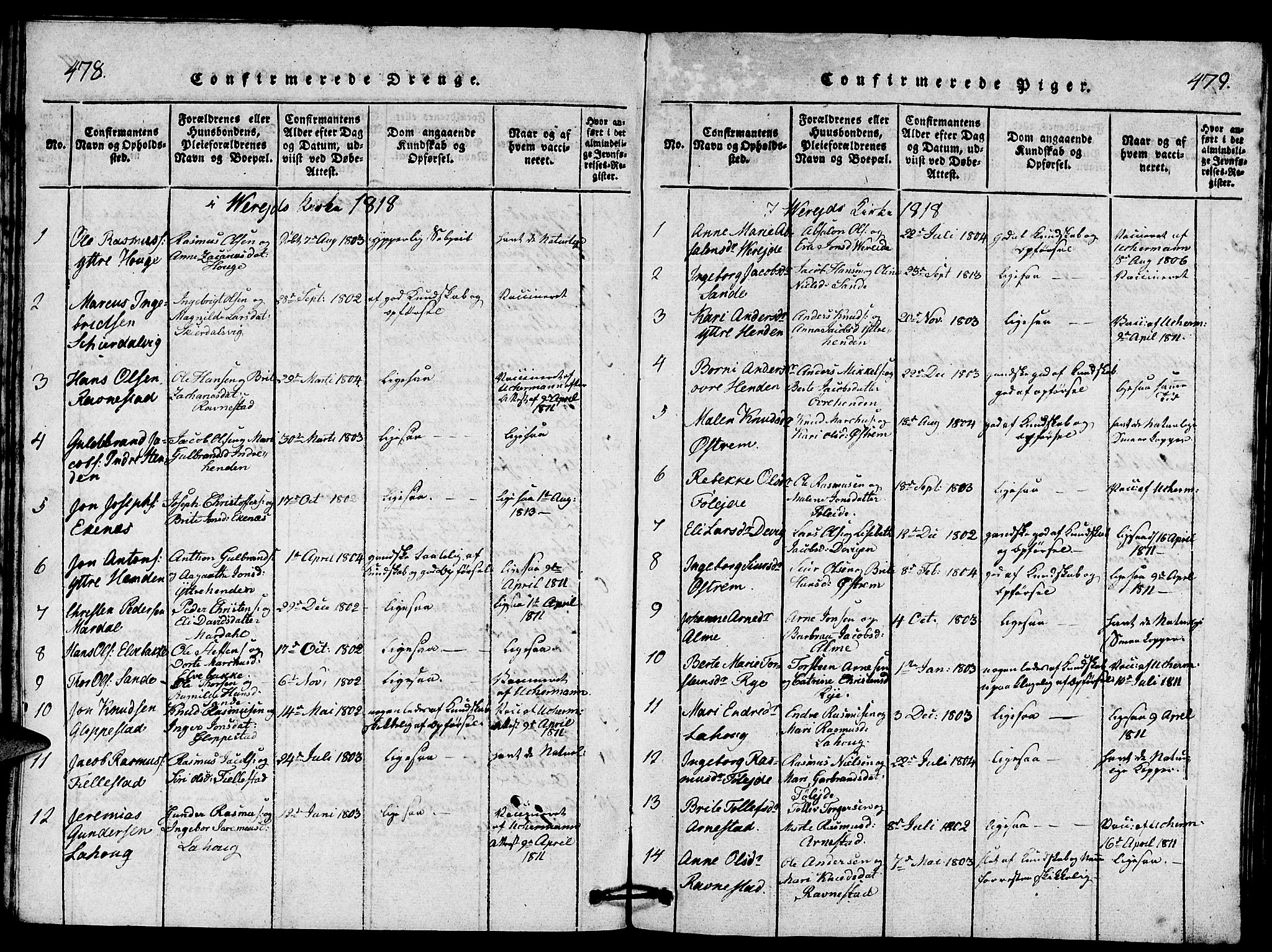 Gloppen sokneprestembete, AV/SAB-A-80101/H/Hab/Haba/L0001: Parish register (copy) no. A 1, 1816-1827, p. 478-479