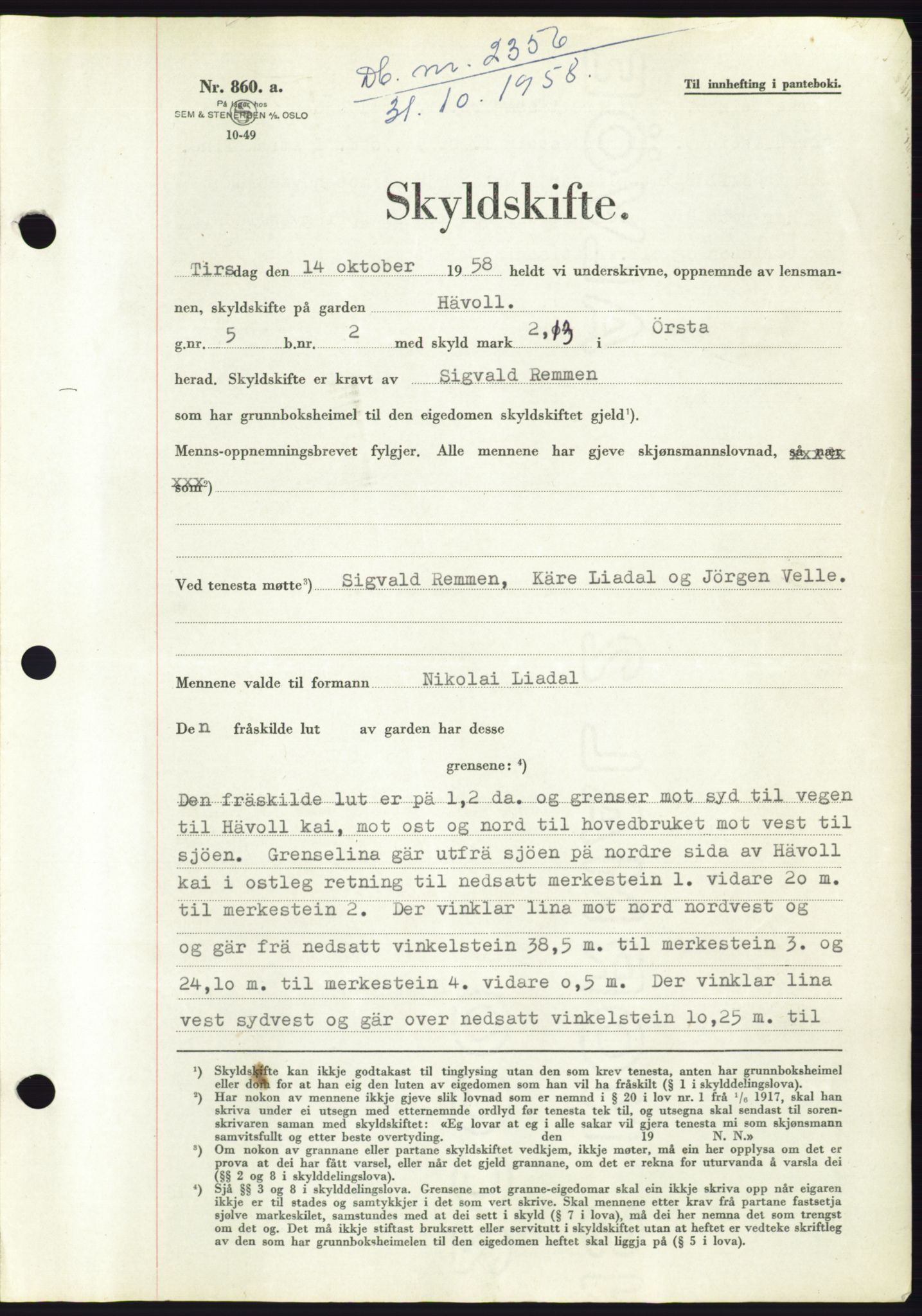 Søre Sunnmøre sorenskriveri, AV/SAT-A-4122/1/2/2C/L0110: Mortgage book no. 36A, 1958-1958, Diary no: : 2356/1958