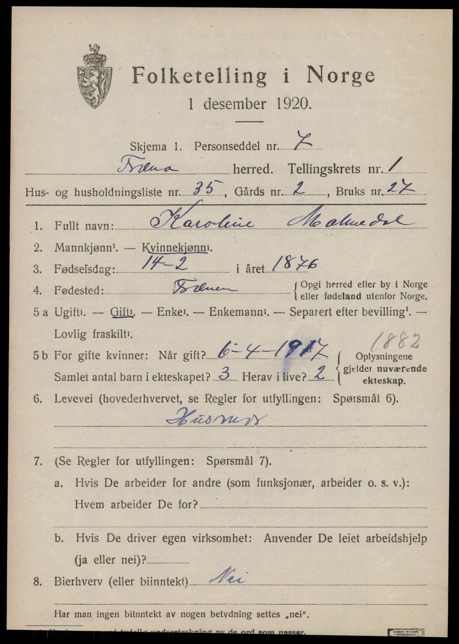 SAT, 1920 census for Fræna, 1920, p. 1507