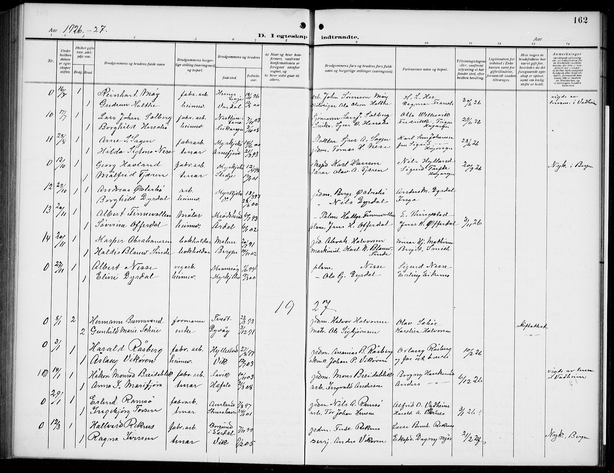 Lavik sokneprestembete, SAB/A-80901: Parish register (copy) no. B 4, 1914-1937, p. 162