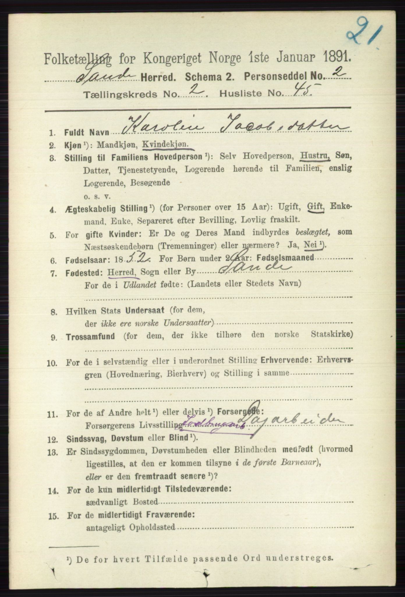 RA, 1891 census for 0713 Sande, 1891, p. 854