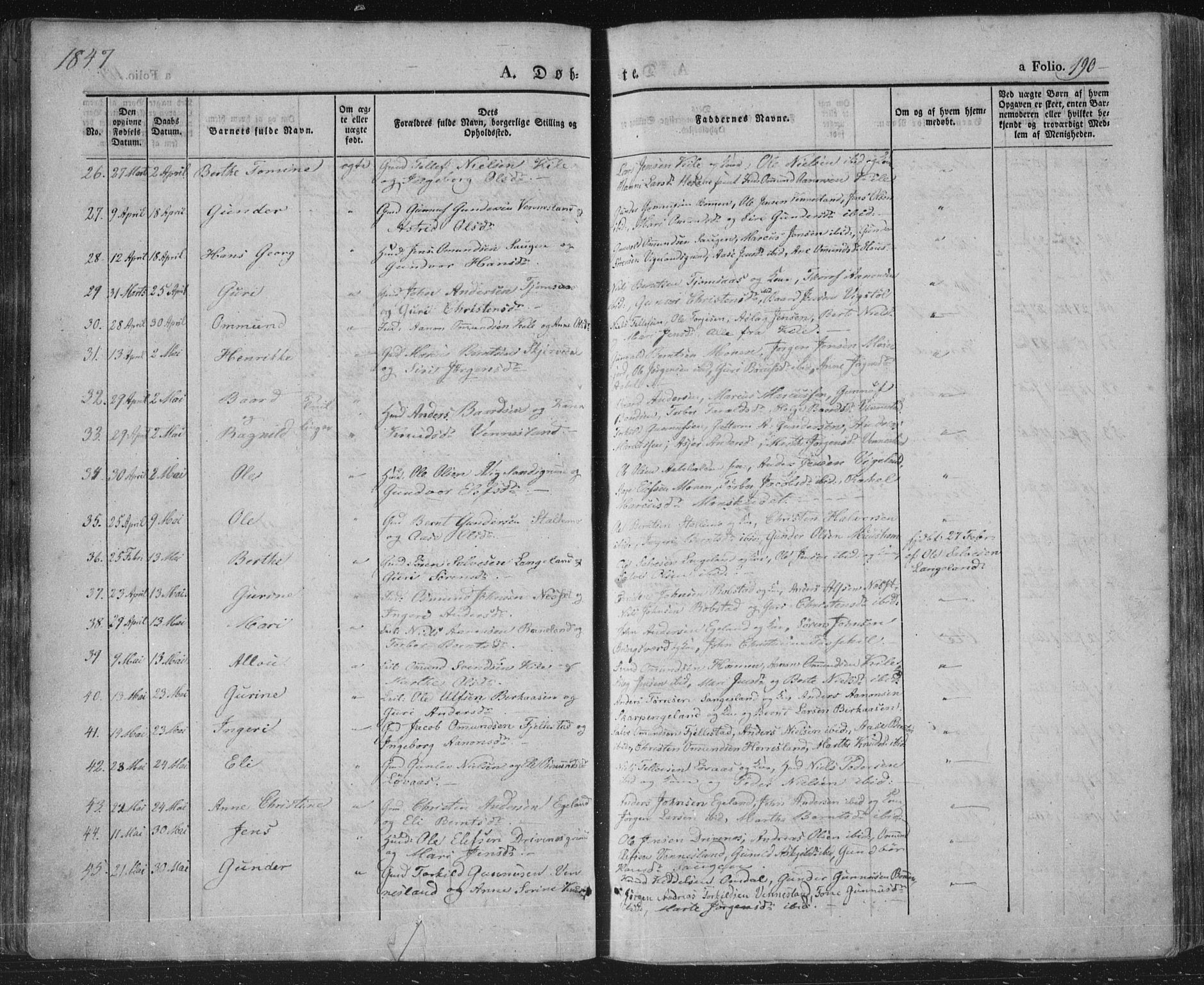 Vennesla sokneprestkontor, AV/SAK-1111-0045/Fa/Fac/L0004: Parish register (official) no. A 4, 1834-1855, p. 190