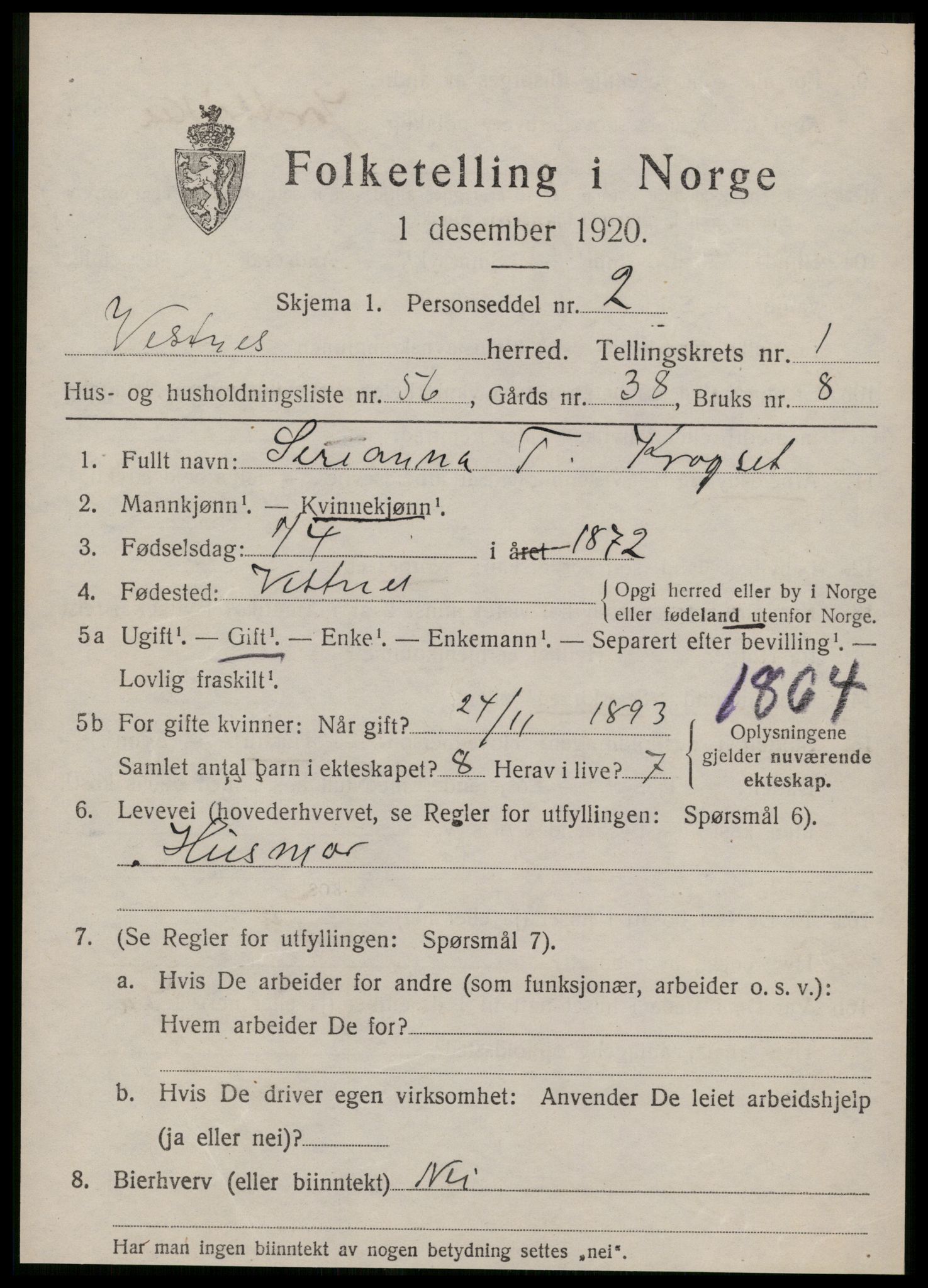 SAT, 1920 census for Vestnes, 1920, p. 1883