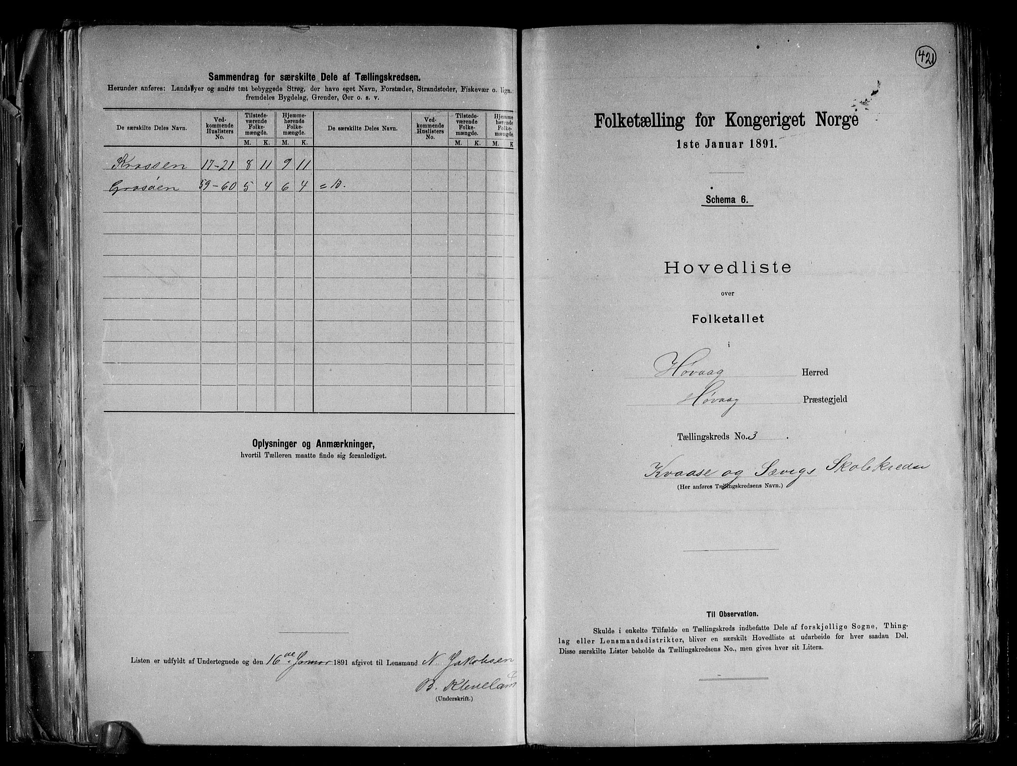 RA, 1891 census for 0927 Høvåg, 1891, p. 9