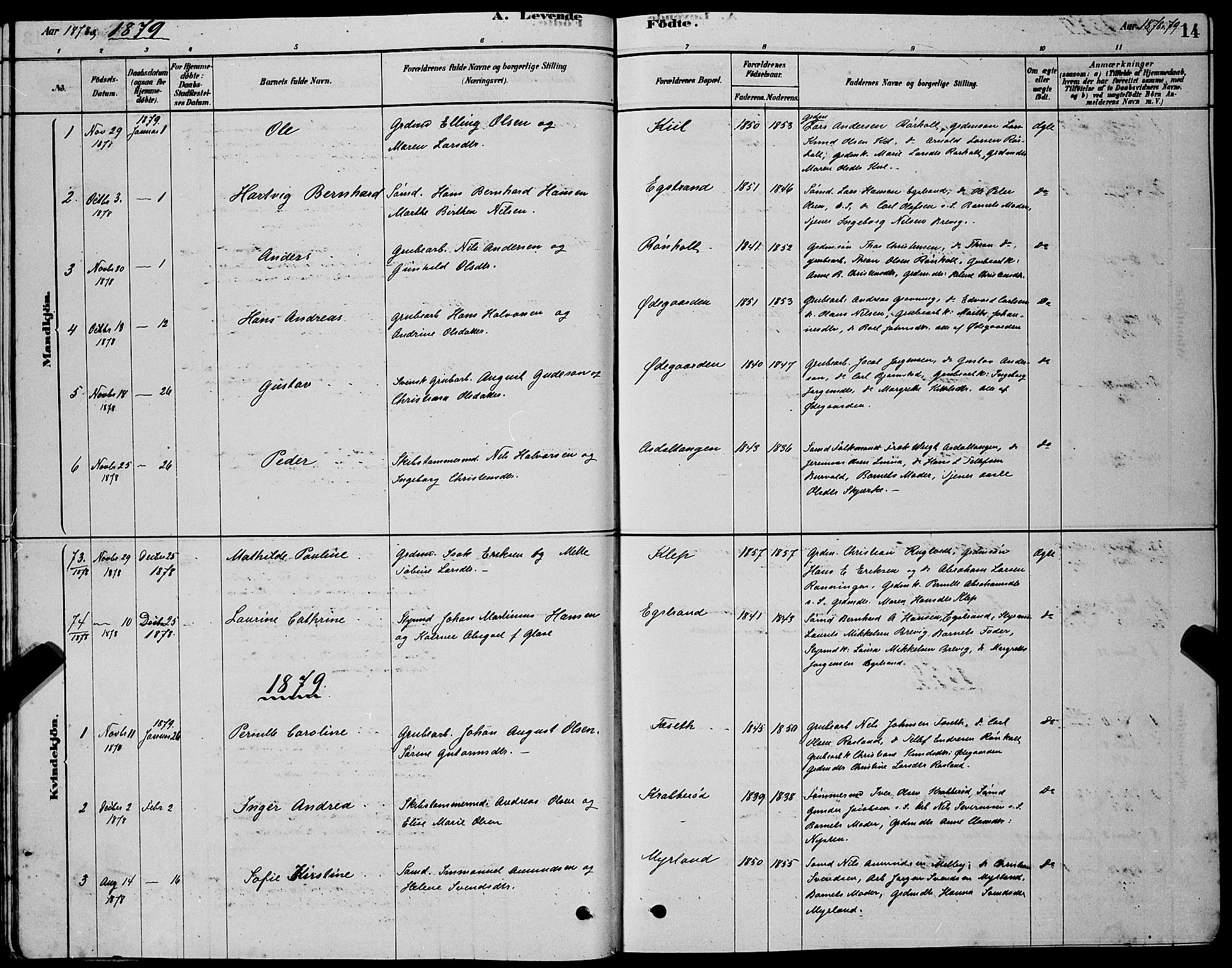Bamble kirkebøker, SAKO/A-253/G/Ga/L0008: Parish register (copy) no. I 8, 1878-1888, p. 14