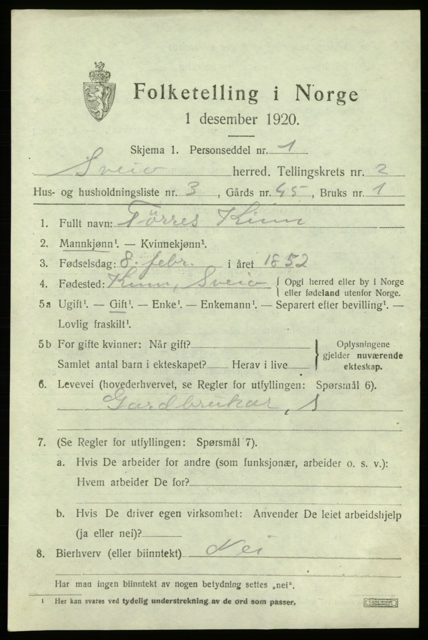 SAB, 1920 census for Sveio, 1920, p. 1334