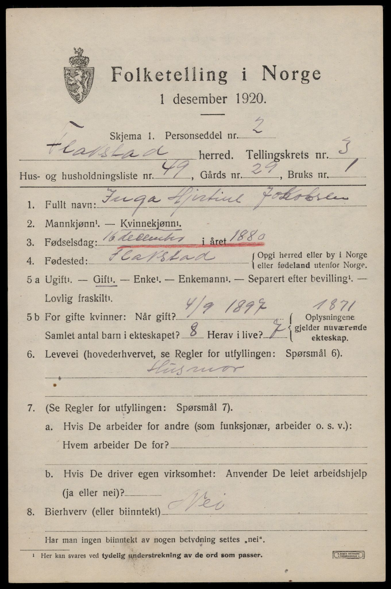 SAT, 1920 census for Flakstad, 1920, p. 2807