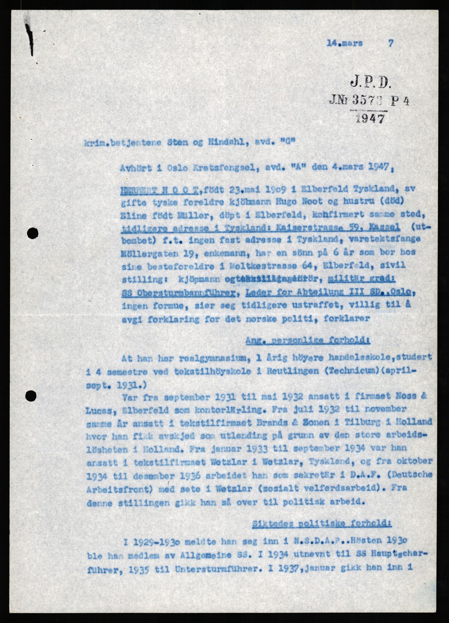 Forsvaret, Forsvarets overkommando II, AV/RA-RAFA-3915/D/Db/L0024: CI Questionaires. Tyske okkupasjonsstyrker i Norge. Tyskere., 1945-1946, p. 319