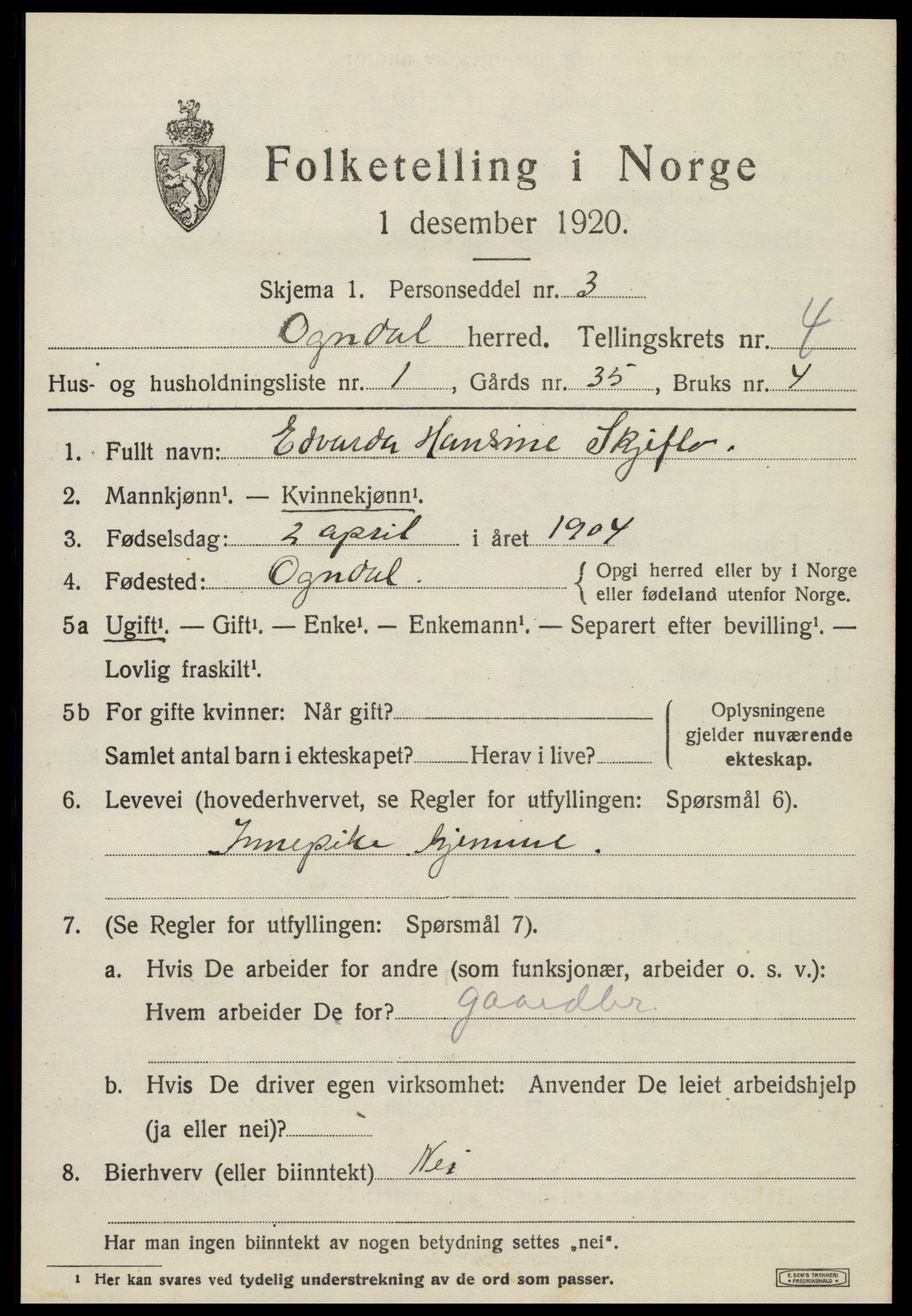 SAT, 1920 census for Ogndal, 1920, p. 1373