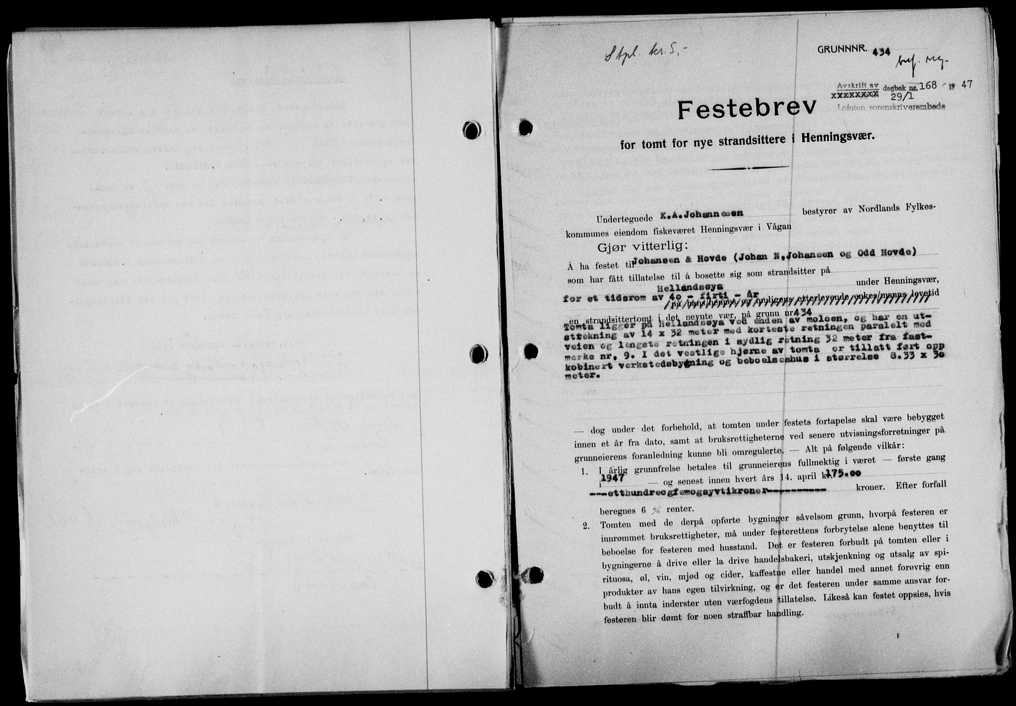 Lofoten sorenskriveri, SAT/A-0017/1/2/2C/L0015a: Mortgage book no. 15a, 1946-1947, Diary no: : 168/1947