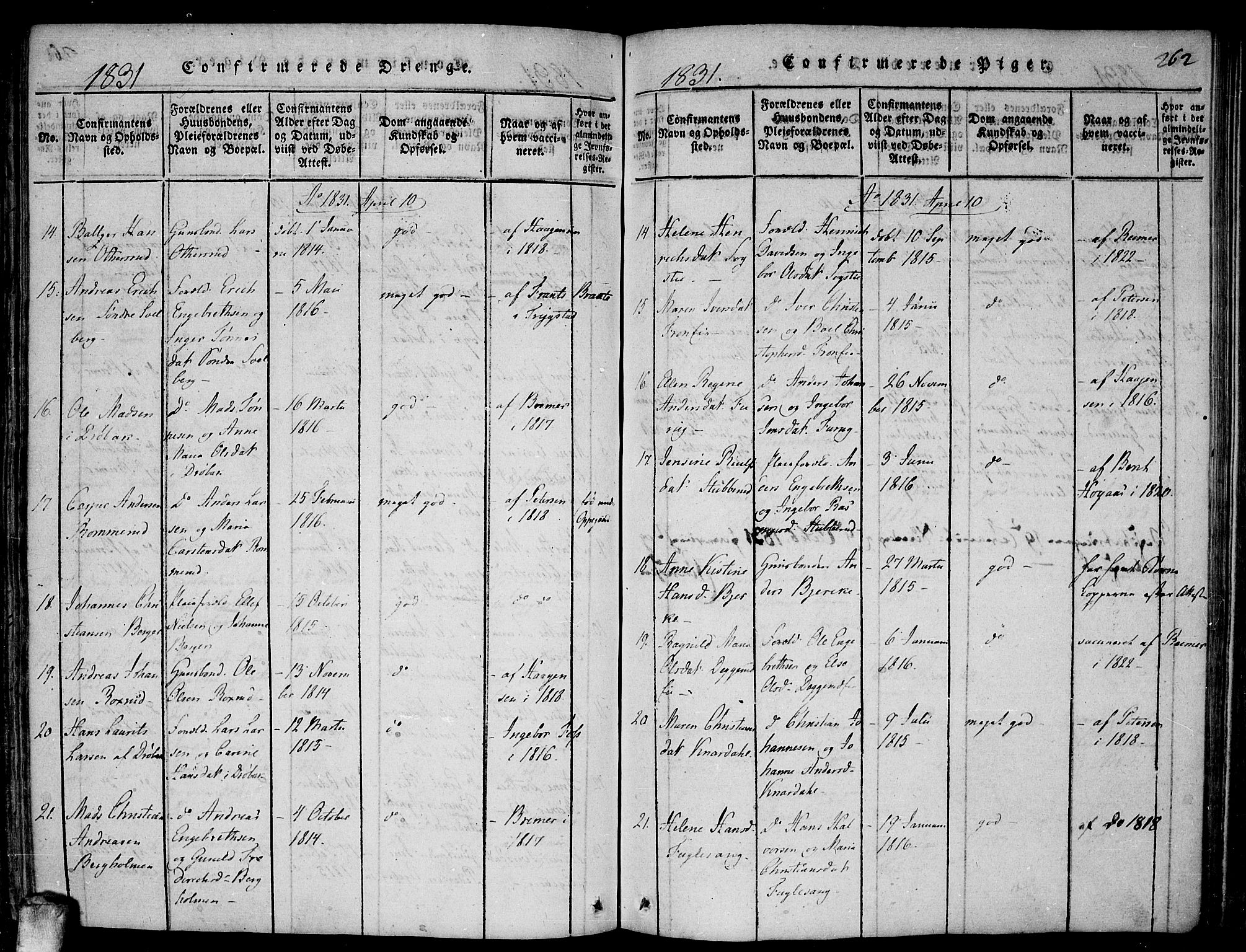 Drøbak prestekontor Kirkebøker, SAO/A-10142a/F/Fa/L0001: Parish register (official) no. I 1, 1816-1842, p. 262