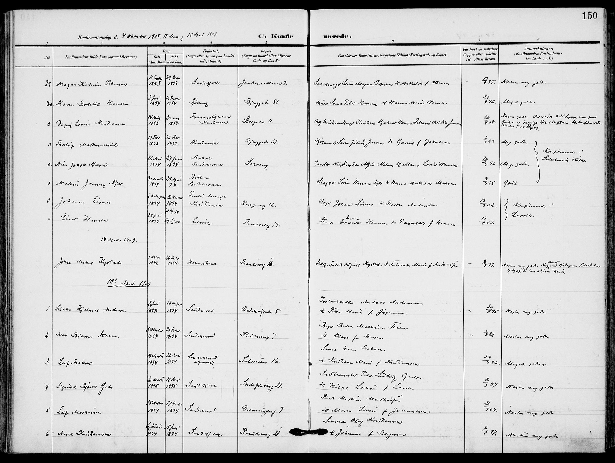 Sandefjord kirkebøker, SAKO/A-315/F/Fa/L0005: Parish register (official) no. 5, 1906-1915, p. 150