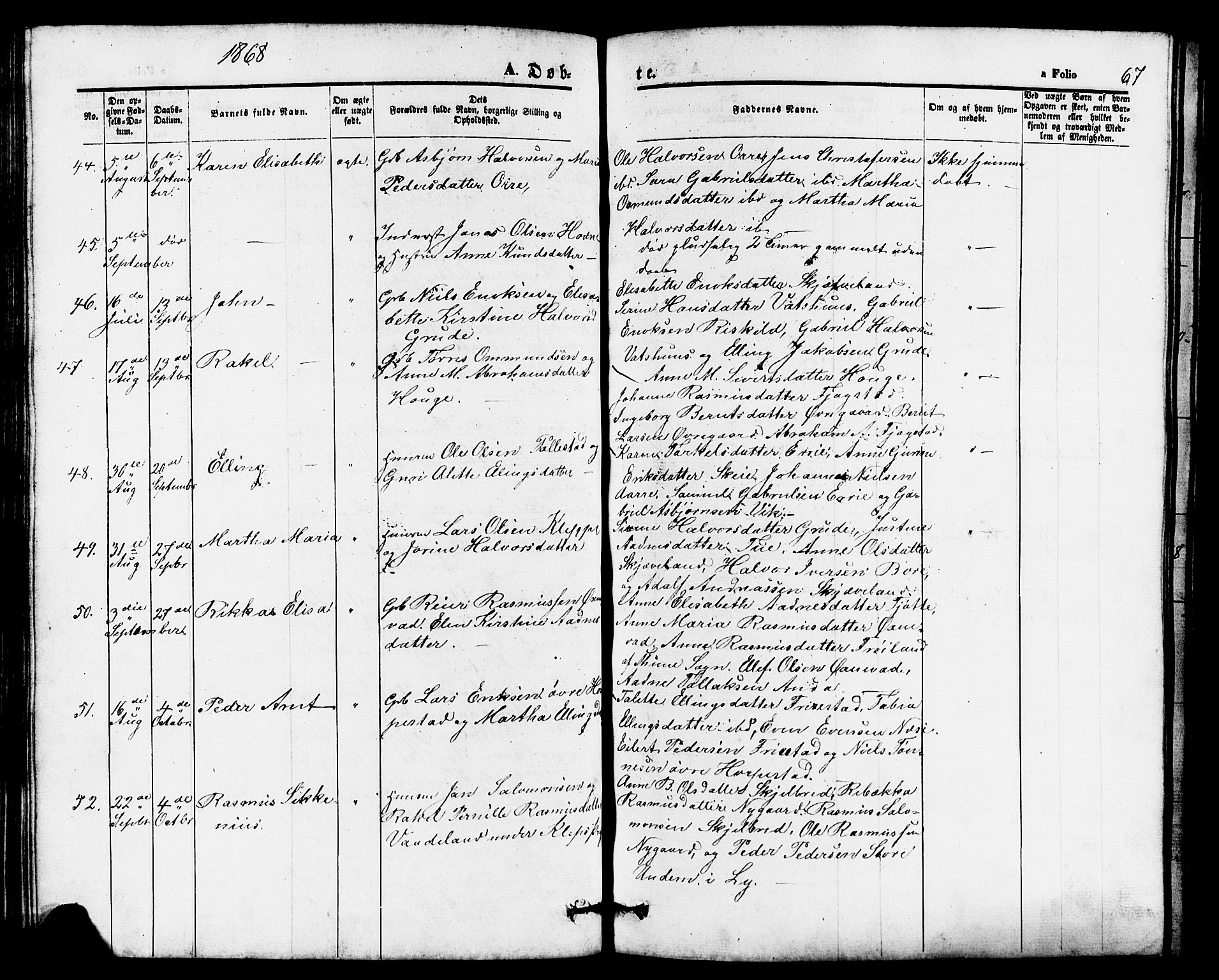 Klepp sokneprestkontor, AV/SAST-A-101803/001/3/30BB/L0002: Parish register (copy) no. B 2, 1860-1875, p. 67