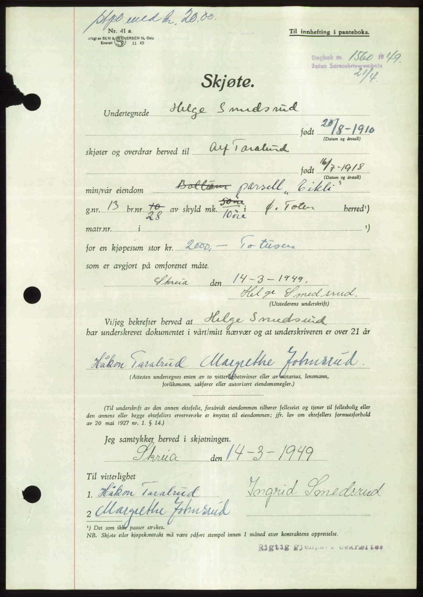 Toten tingrett, AV/SAH-TING-006/H/Hb/Hbc/L0021: Mortgage book no. Hbc-21, 1948-1949, Diary no: : 1560/1949