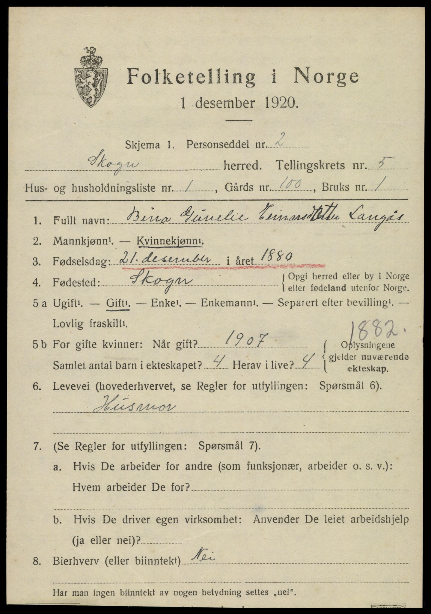 SAT, 1920 census for Skogn, 1920, p. 6487