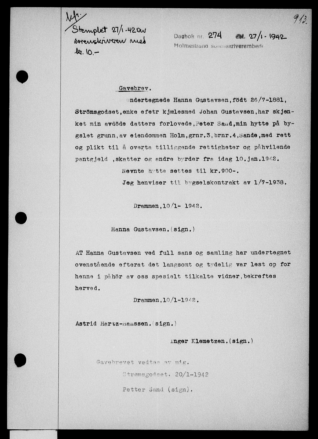 Holmestrand sorenskriveri, SAKO/A-67/G/Ga/Gaa/L0054: Mortgage book no. A-54, 1941-1942, Diary no: : 274/1942