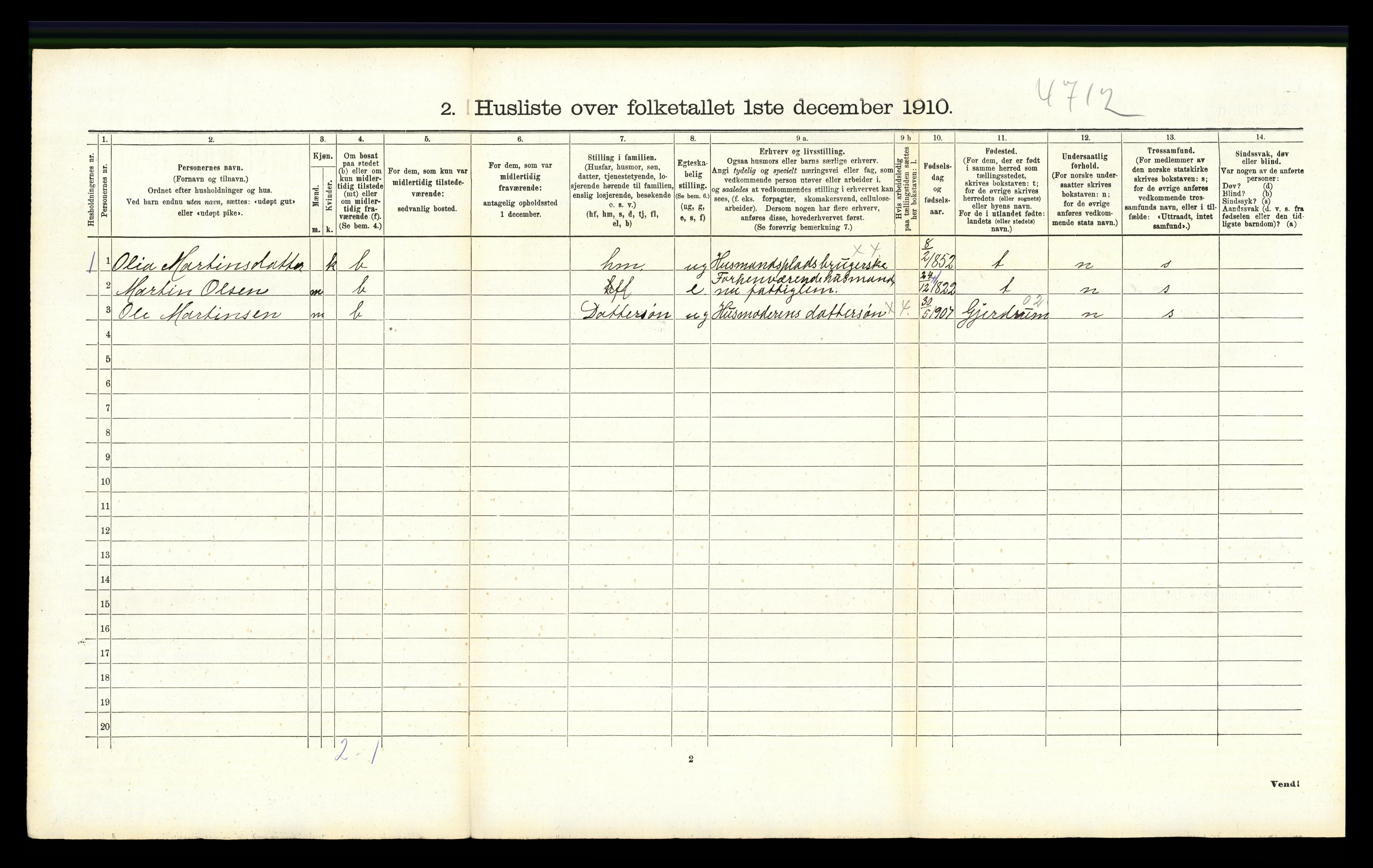 RA, 1910 census for Grue, 1910, p. 1712