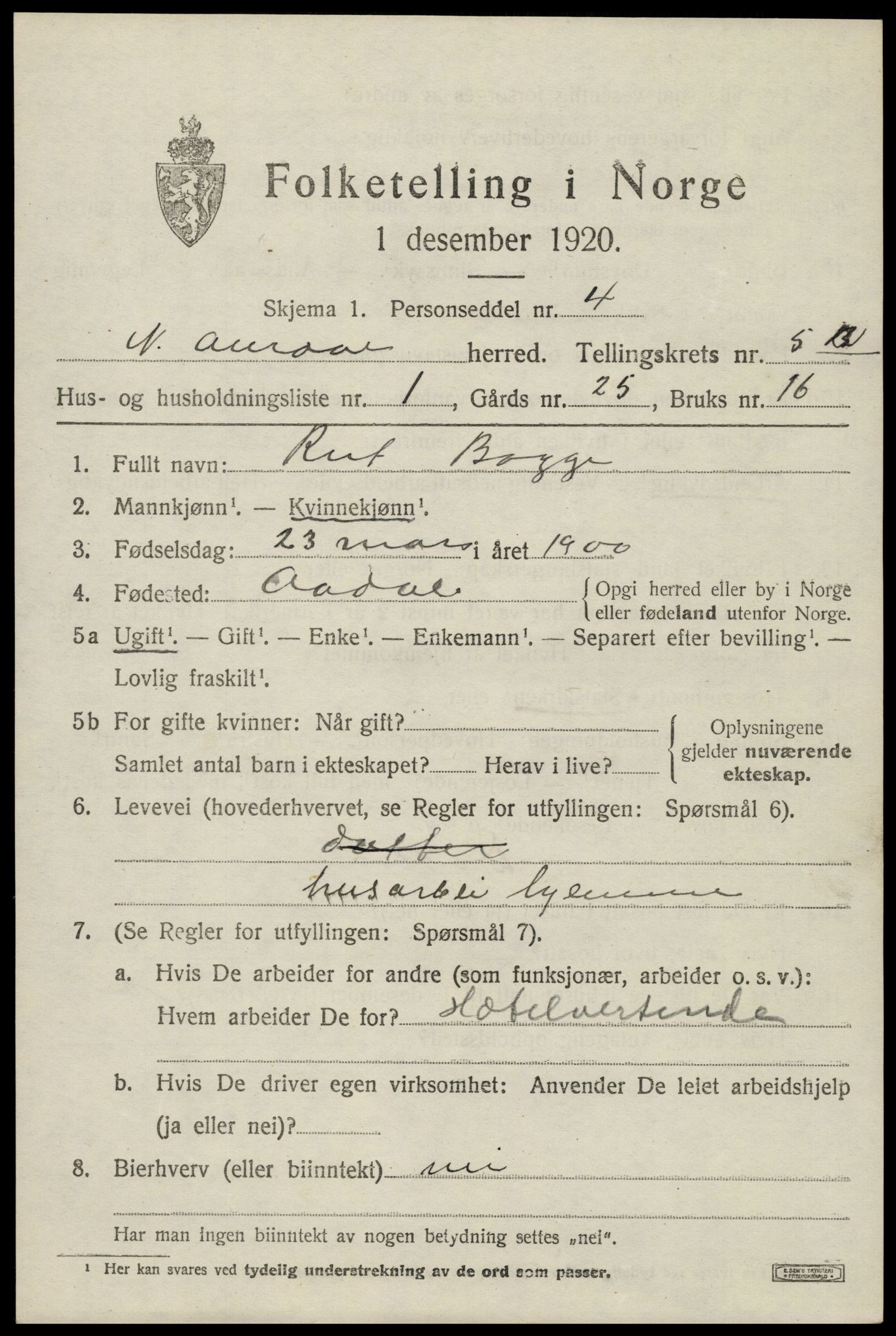 SAH, 1920 census for Nord-Aurdal, 1920, p. 4594