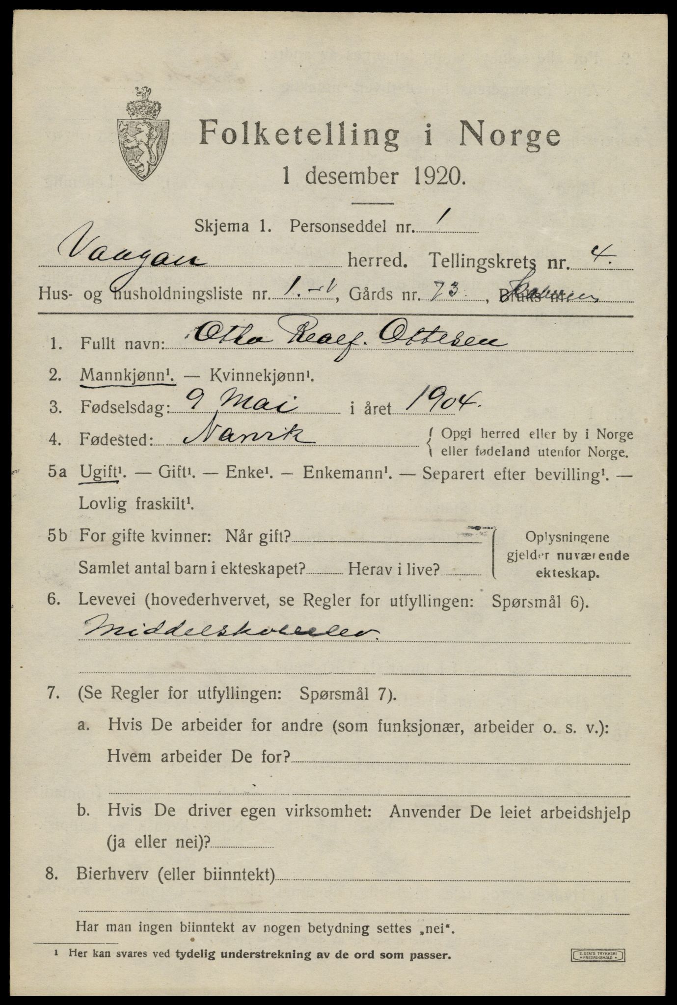 SAT, 1920 census for Vågan, 1920, p. 3173