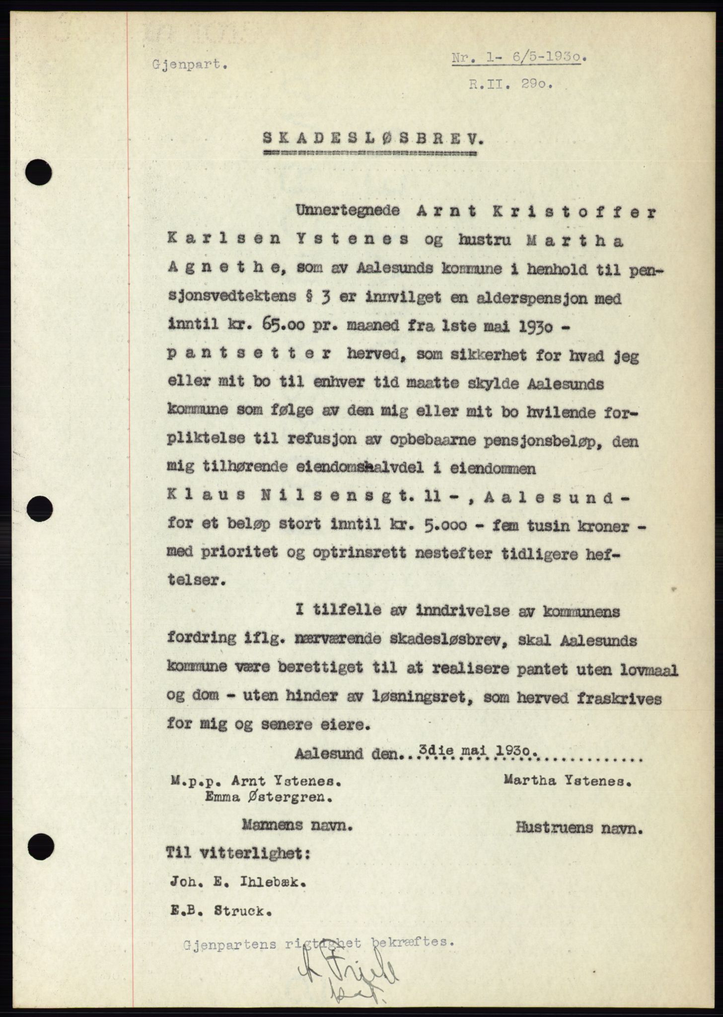 Ålesund byfogd, AV/SAT-A-4384: Mortgage book no. 26, 1930-1930, Deed date: 06.05.1930