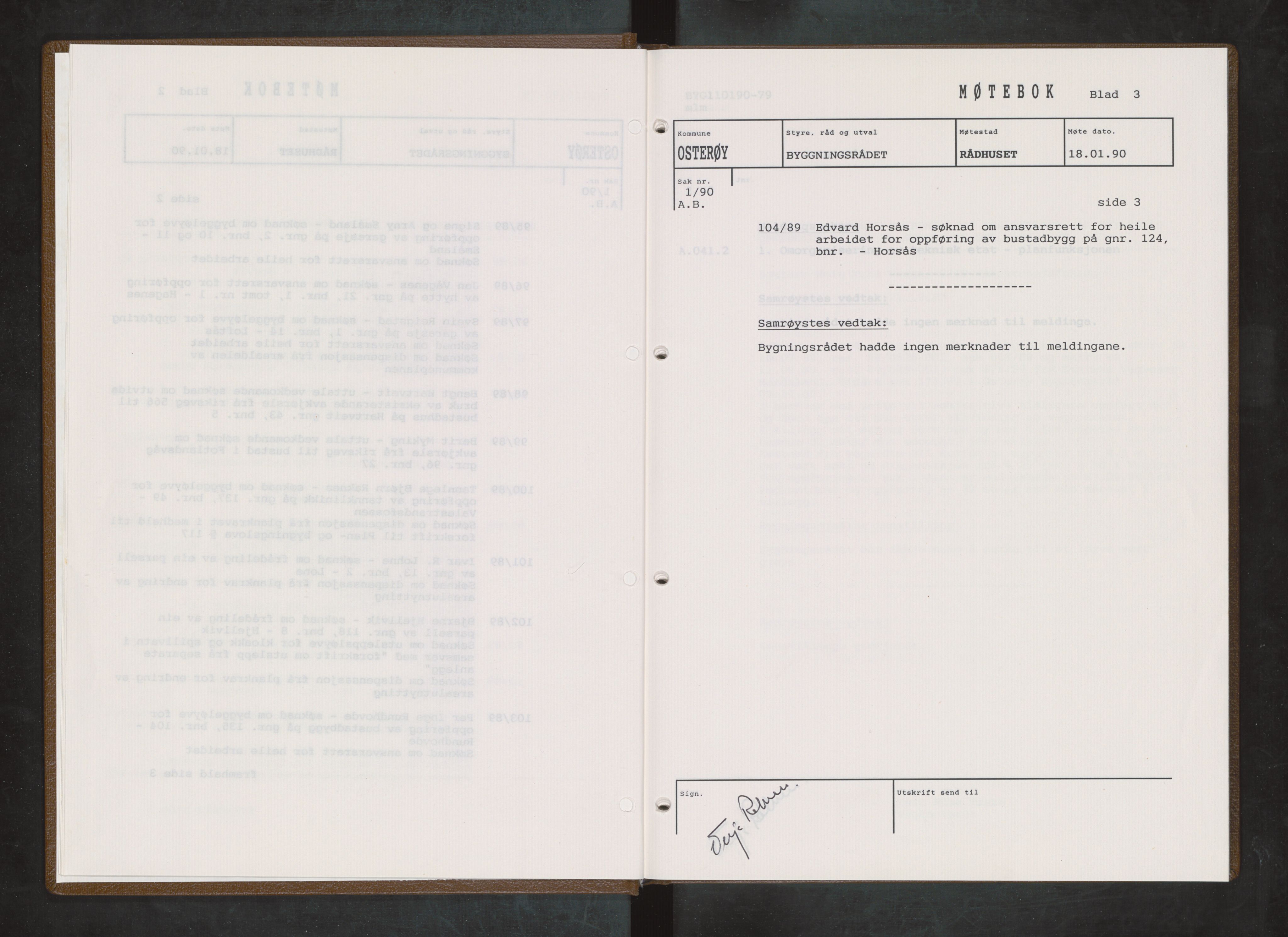 Osterøy kommune. Bygningsrådet, IKAH/1253b-511/A/Aa/L0024: Møtebok Osterøy bygningsråd, 1990