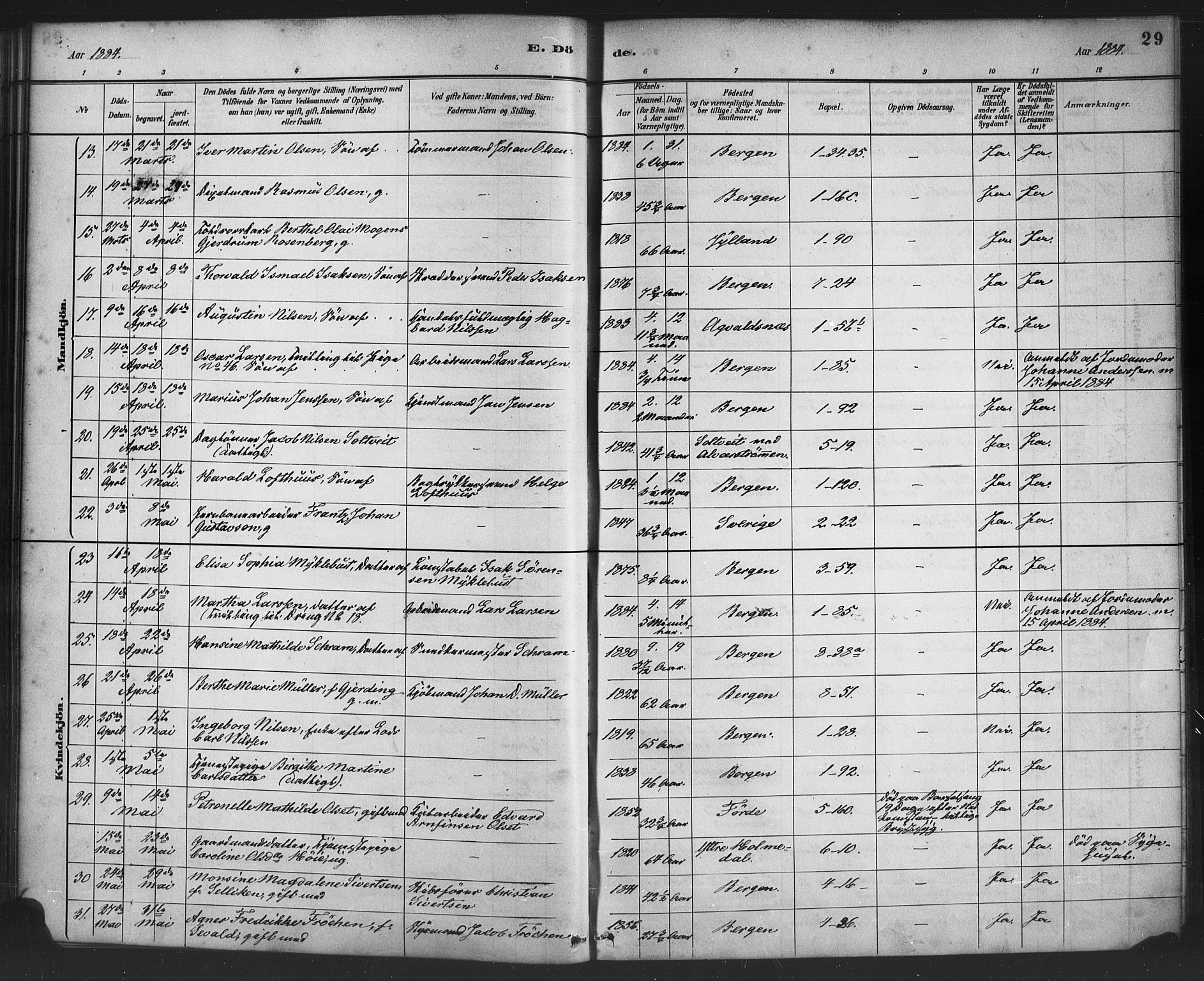 Nykirken Sokneprestembete, AV/SAB-A-77101/H/Haa/L0044: Parish register (official) no. E 4, 1882-1898, p. 29