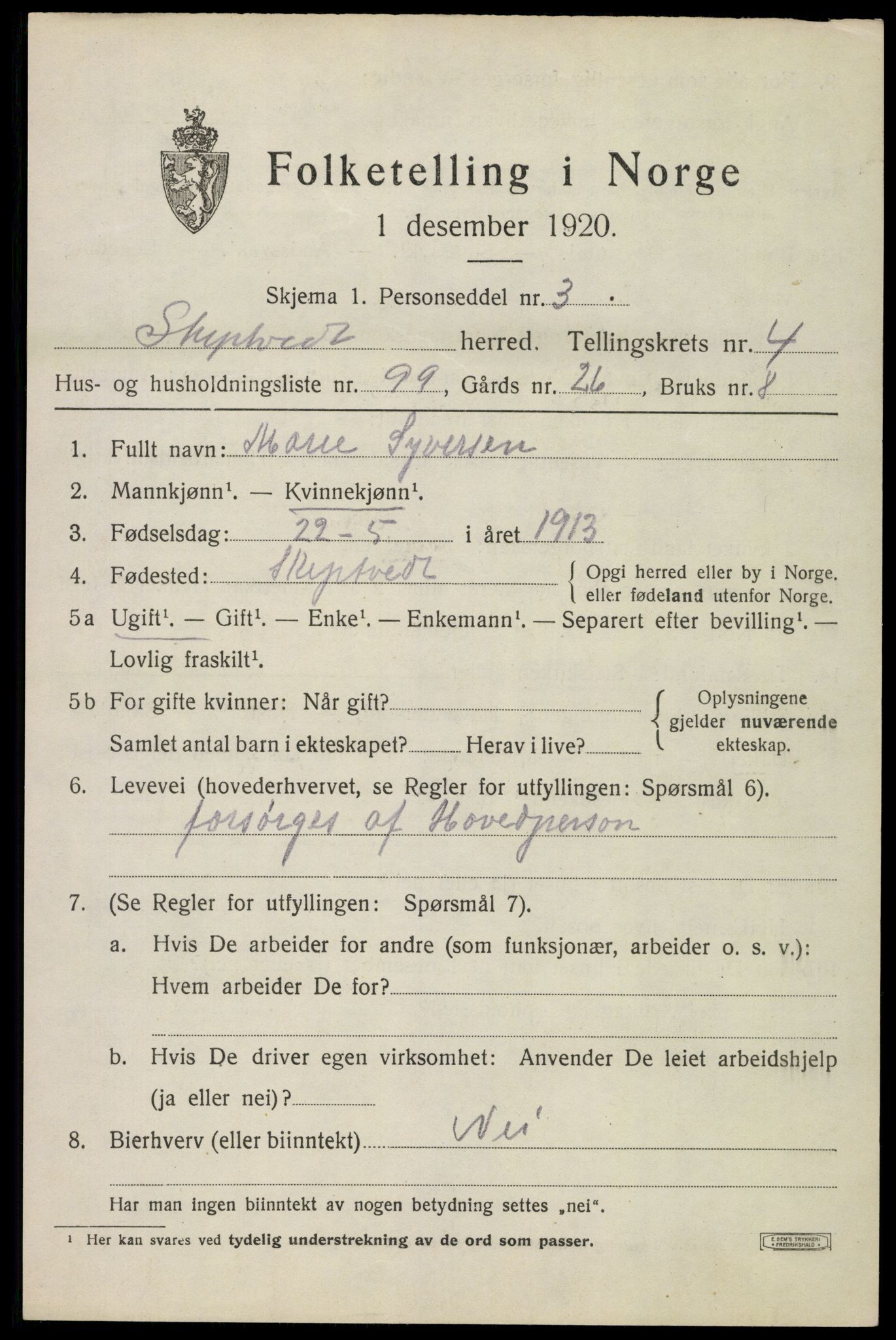 SAO, 1920 census for Skiptvet, 1920, p. 5197