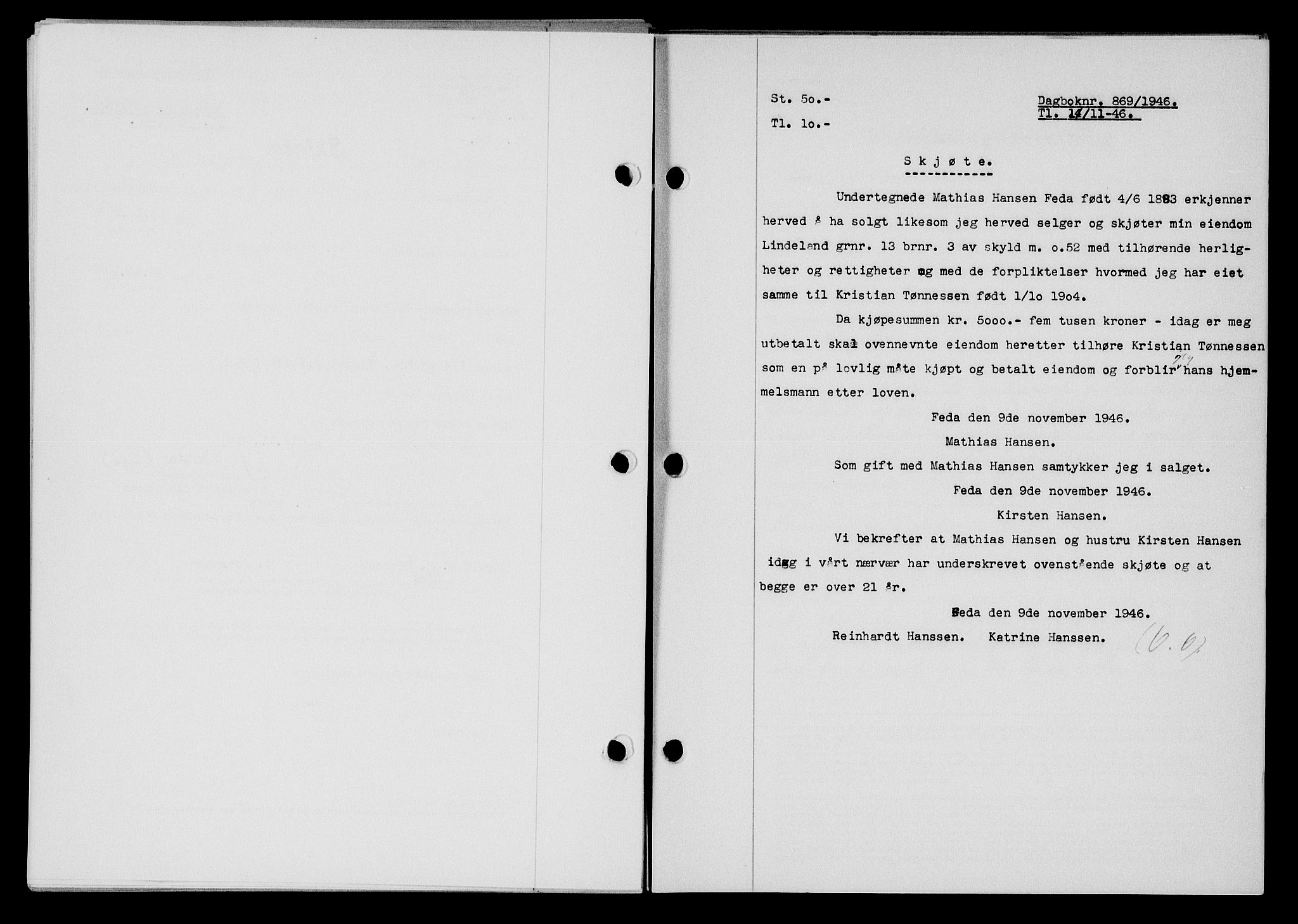 Flekkefjord sorenskriveri, AV/SAK-1221-0001/G/Gb/Gba/L0061: Mortgage book no. A-9, 1946-1947, Diary no: : 869/1946