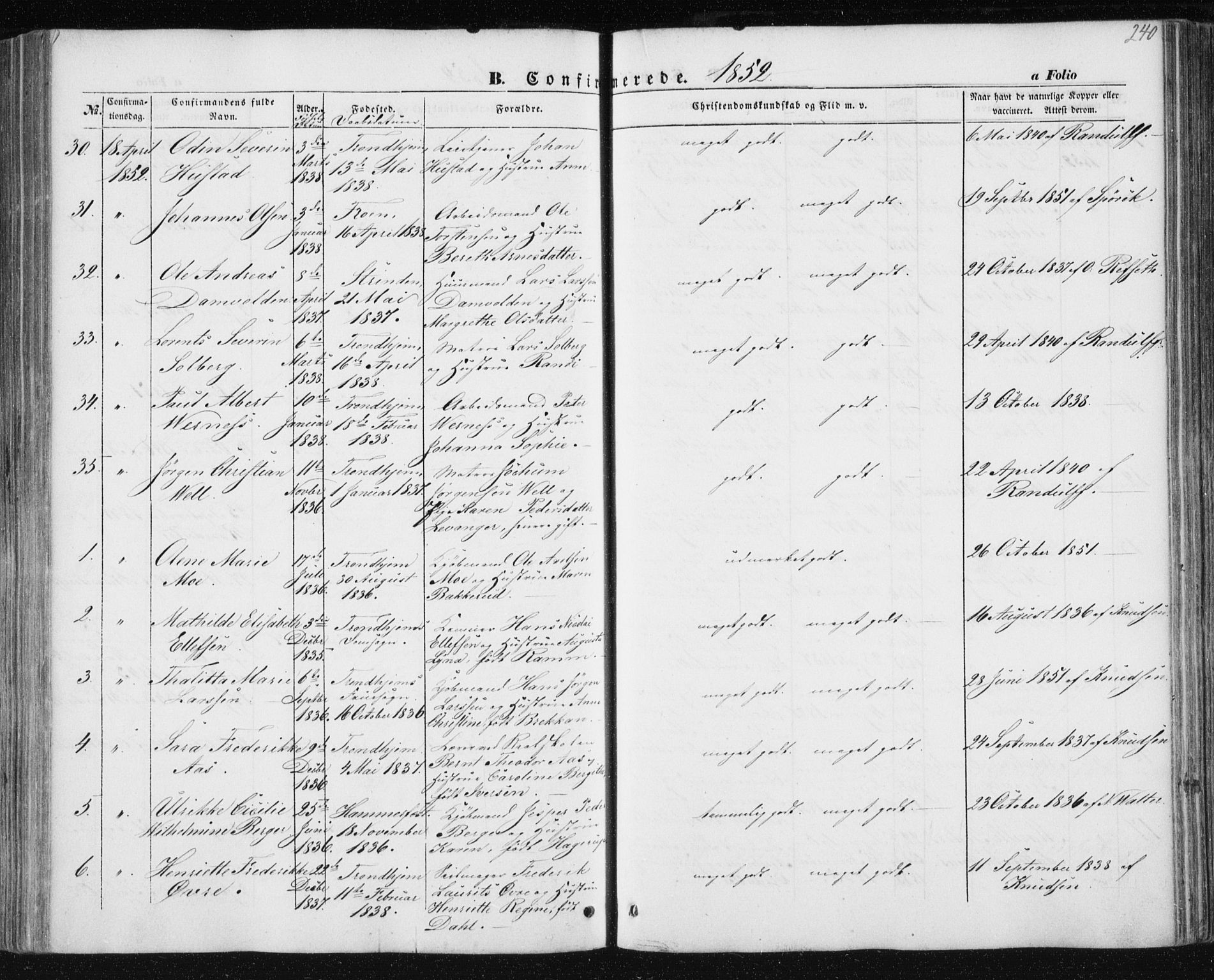 Ministerialprotokoller, klokkerbøker og fødselsregistre - Sør-Trøndelag, AV/SAT-A-1456/602/L0112: Parish register (official) no. 602A10, 1848-1859, p. 240