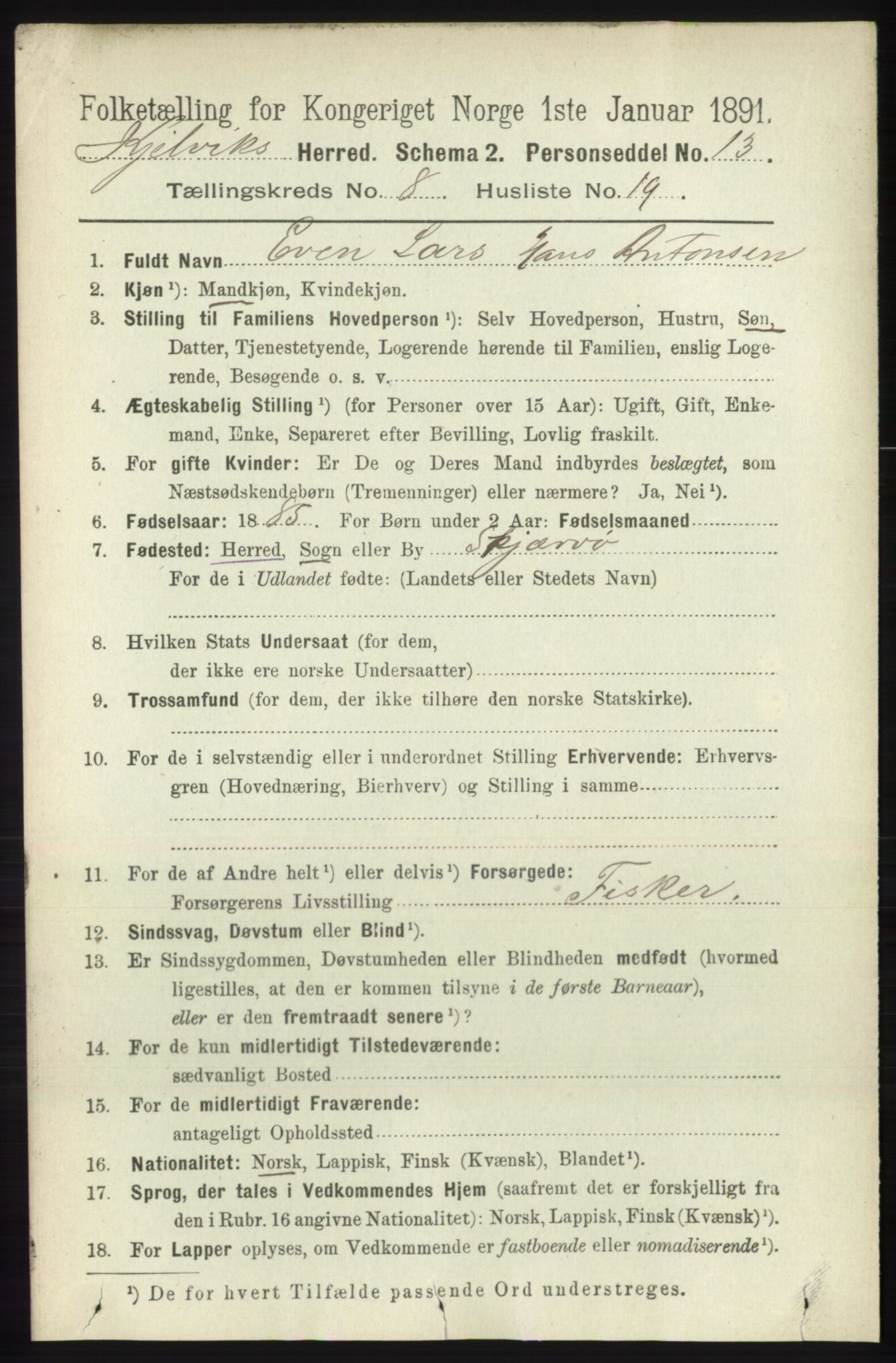 RA, 1891 census for 2019 Kjelvik, 1891, p. 1376