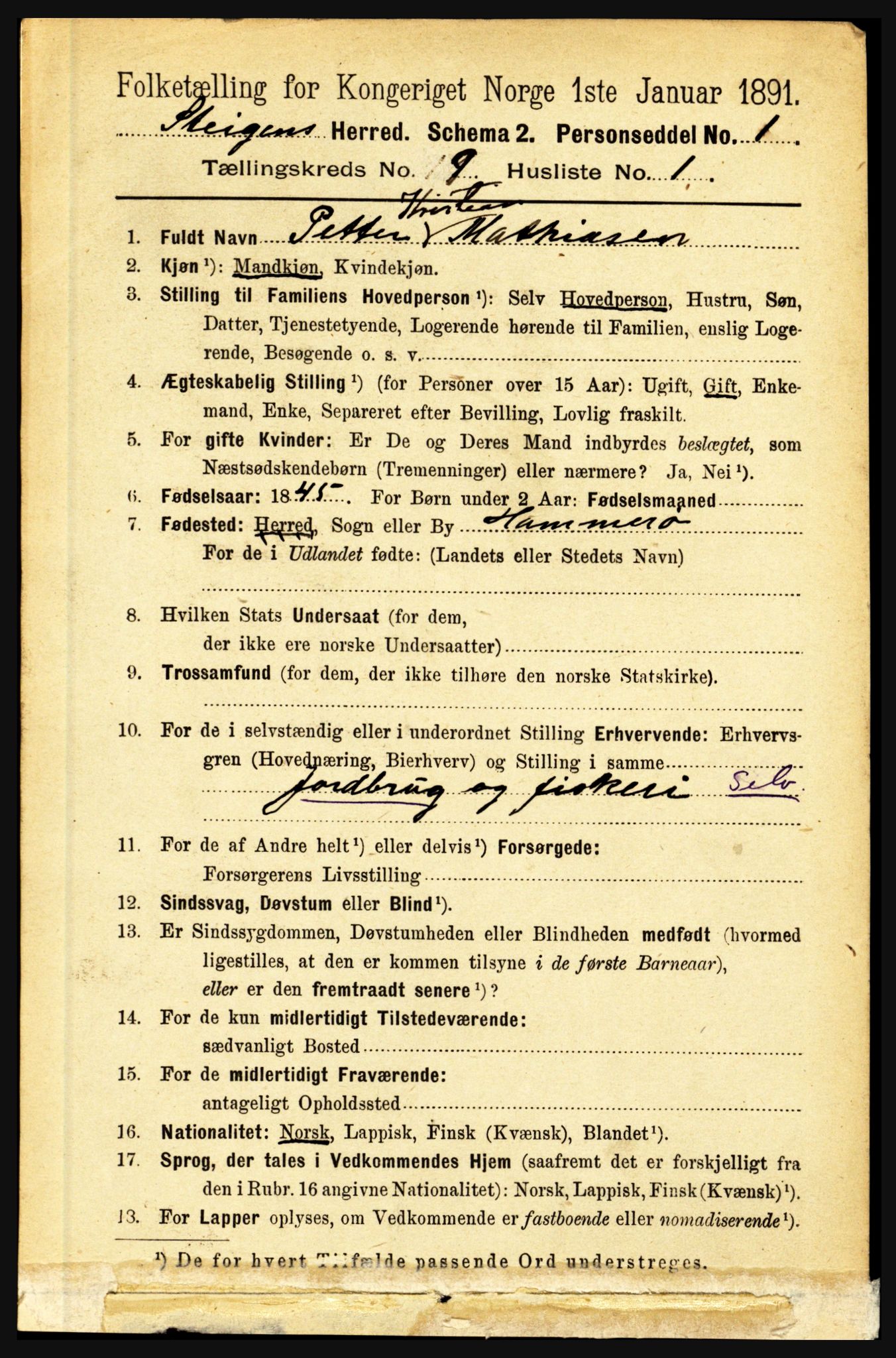 RA, 1891 census for 1848 Steigen, 1891, p. 3057