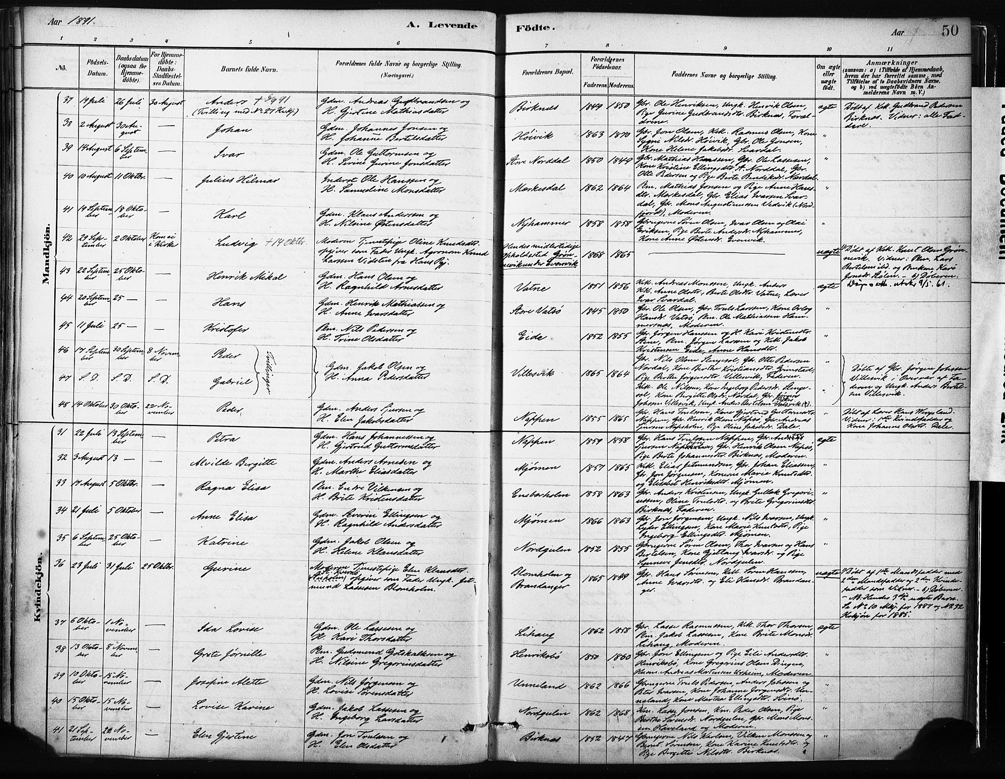 Gulen sokneprestembete, AV/SAB-A-80201/H/Haa/Haab/L0001: Parish register (official) no. B 1, 1881-1905, p. 50