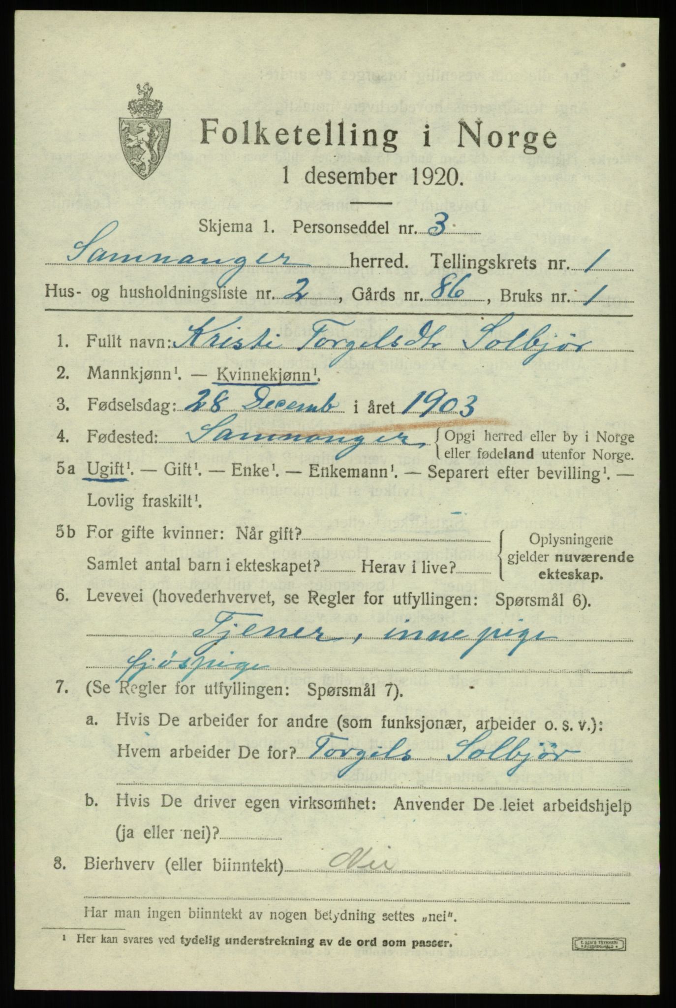 SAB, 1920 census for Samnanger, 1920, p. 863