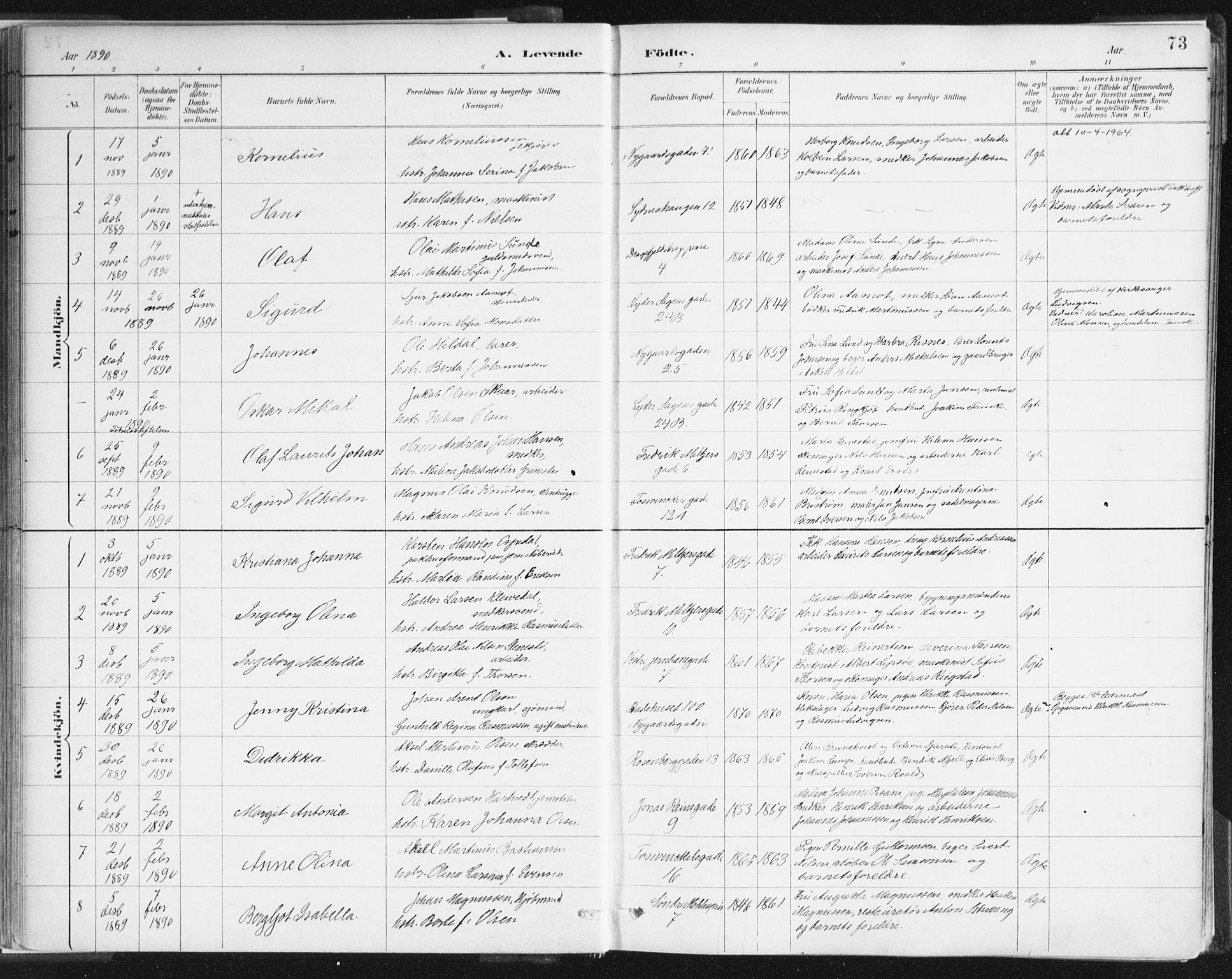 Johanneskirken Sokneprestembete, SAB/A-76001/H/Haa/L0001: Parish register (official) no. A 1, 1885-1900, p. 73