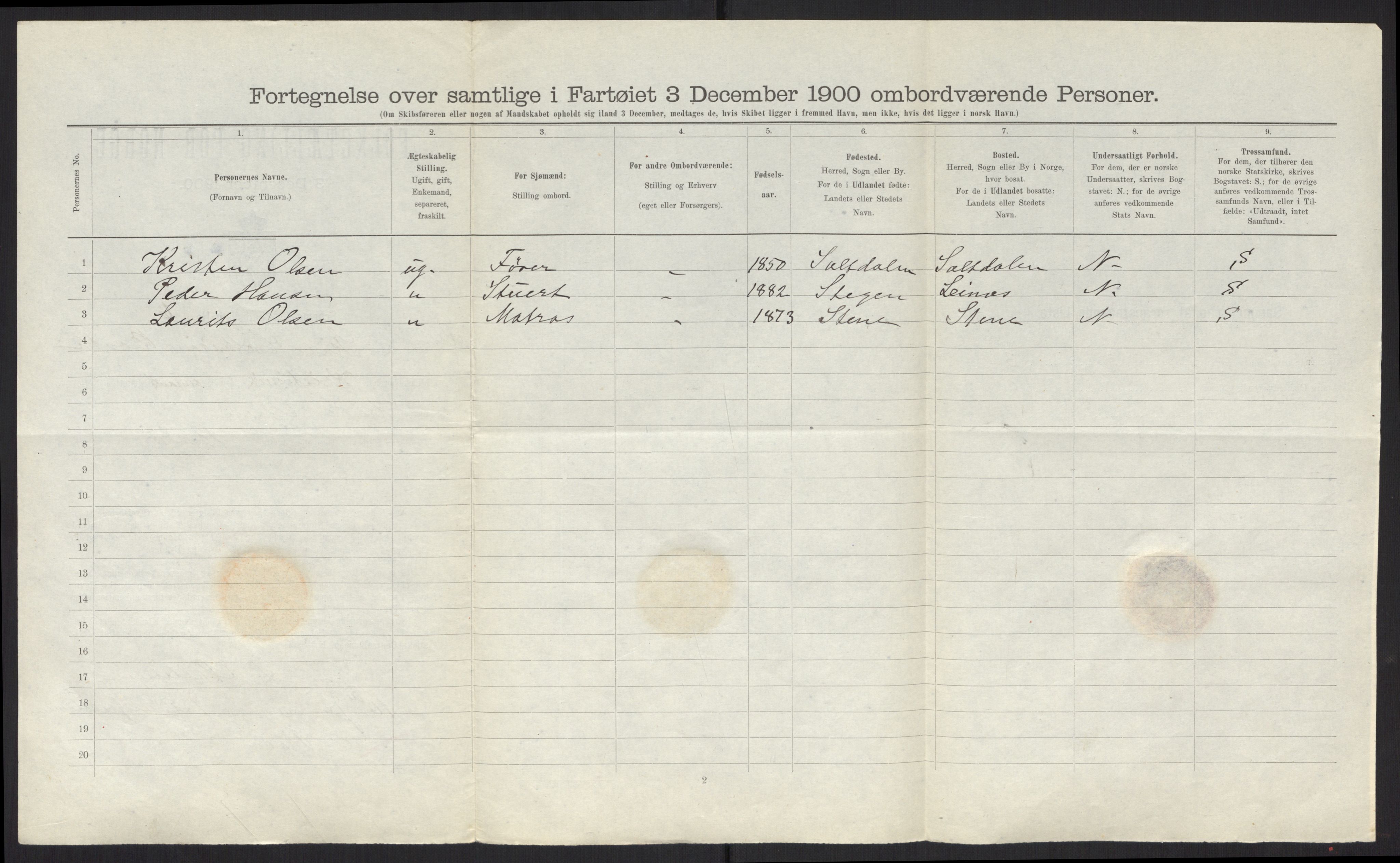 RA, 1900 Census - ship lists from ships in Norwegian harbours, harbours abroad and at sea, 1900, p. 2620