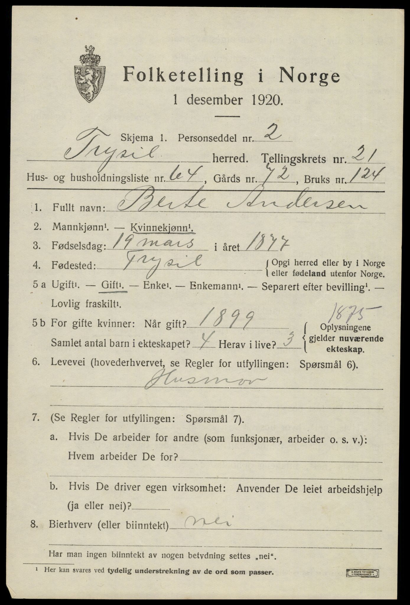 SAH, 1920 census for Trysil, 1920, p. 14529