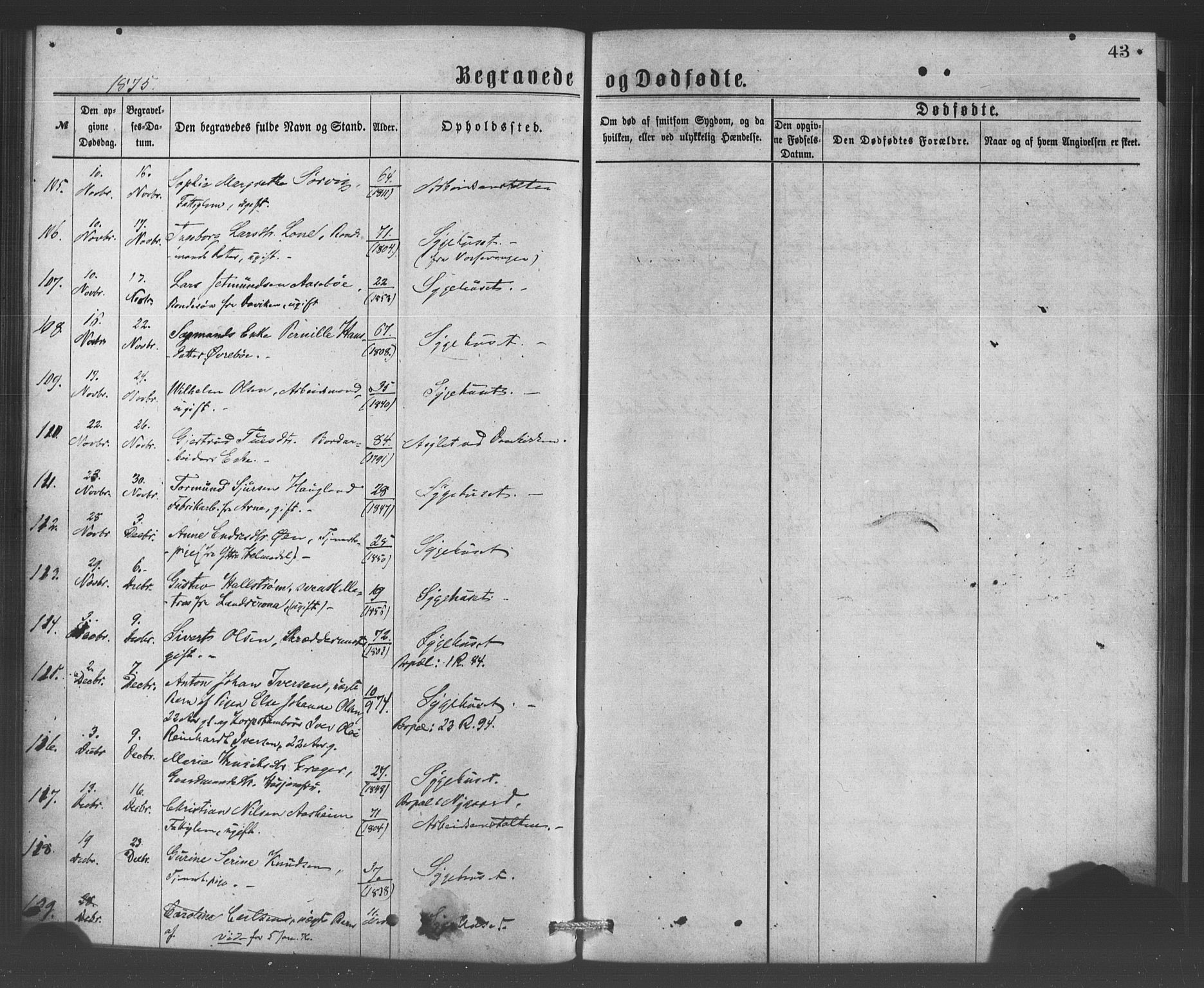 Bergen kommunale pleiehjem - stiftelsespresten, AV/SAB-A-100281: Parish register (official) no. A 1, 1874-1886, p. 43